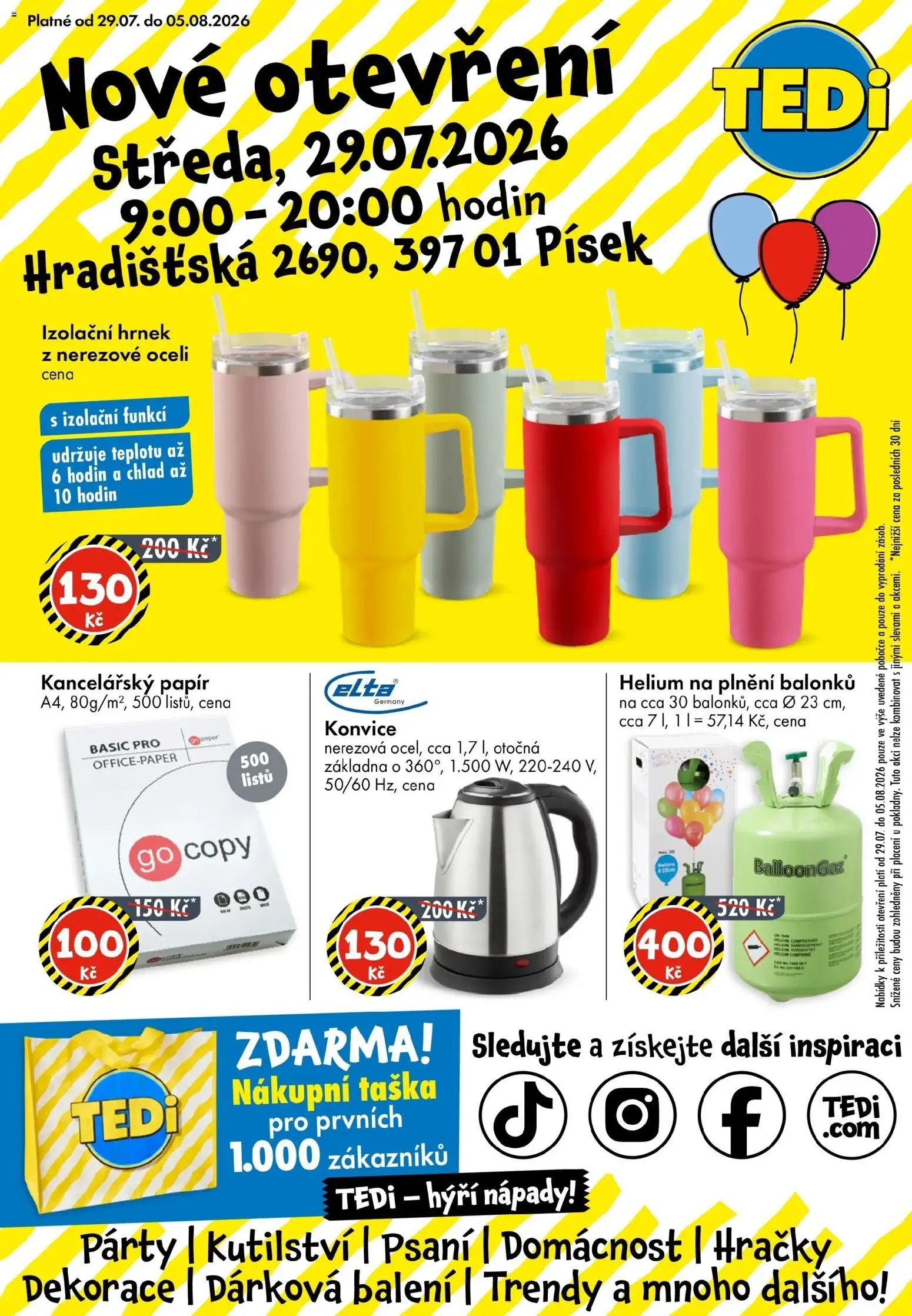 TEDi leták - Písek od 29.07.2026 | Strana: 1 | Produkty: Hrnek, Kancelářský papír, Nákupní taška, Hračky