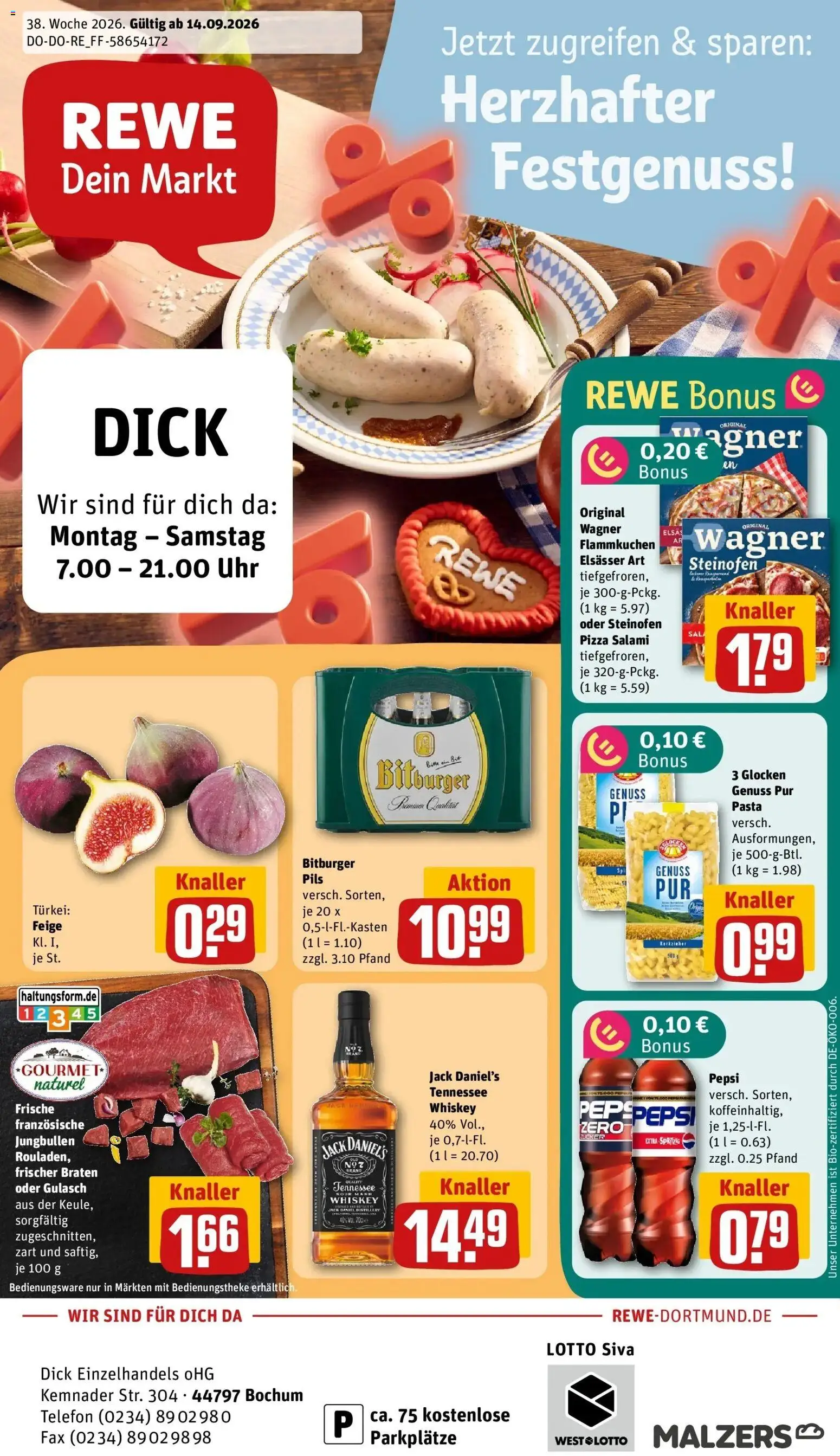REWE Prospekt ab 14.09.2026 zum Blättern » Angebote | Seite: 1 | Produkte: Pils, Jack Daniel's, Gulasch, Telefon