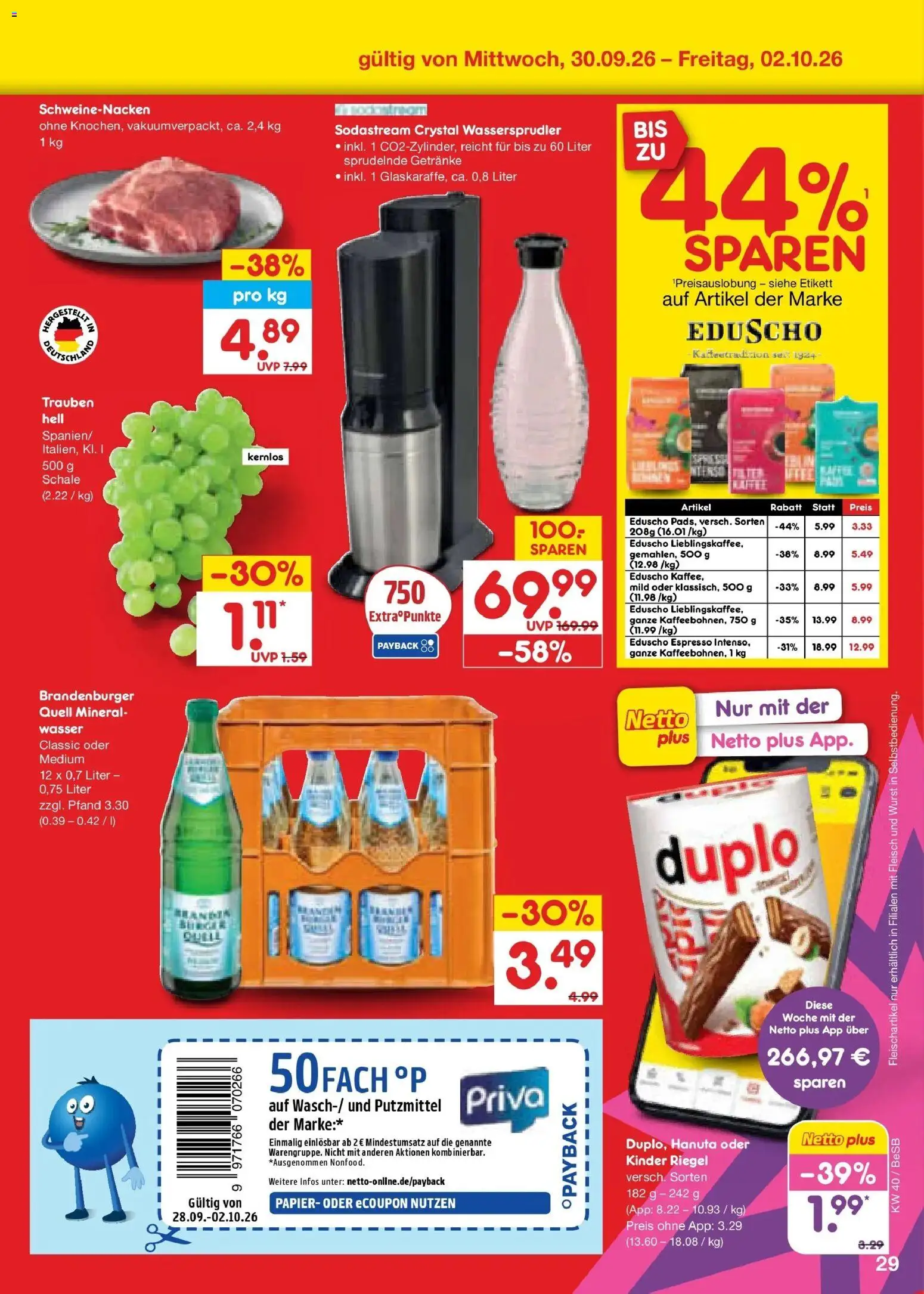 Netto Marken-Discount Prospekt Kremmen – gültig ab 28.09.2026 | Seite: 39 | Produkte: Trauben, Schweinenacken, Fleisch, Eduscho