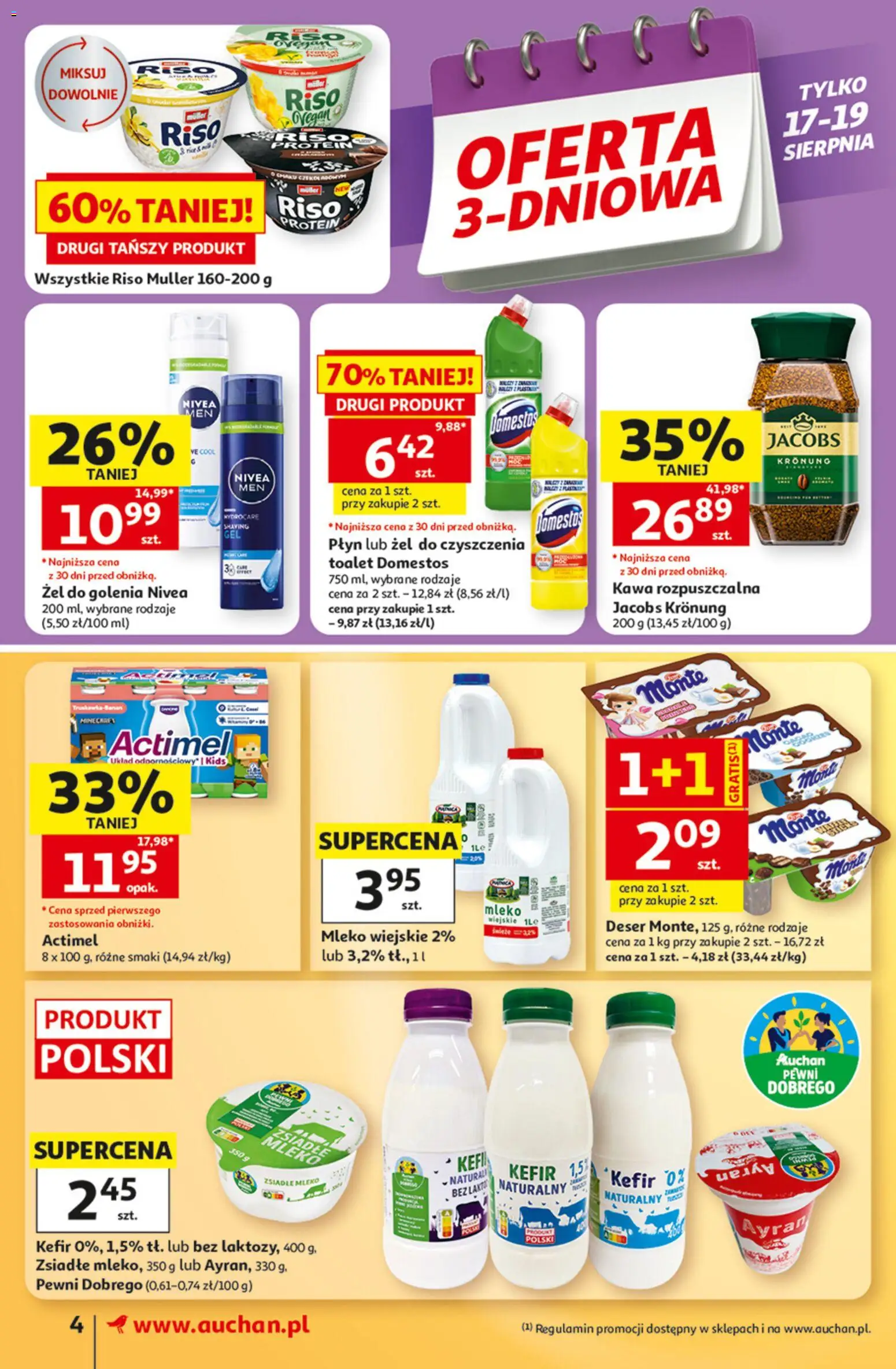 Auchan gazetka - 30 Lat Hipermarket od 13.08.2026 | Strona: 4 | Produkty: Kefir, Deser, Actimel, Domestos