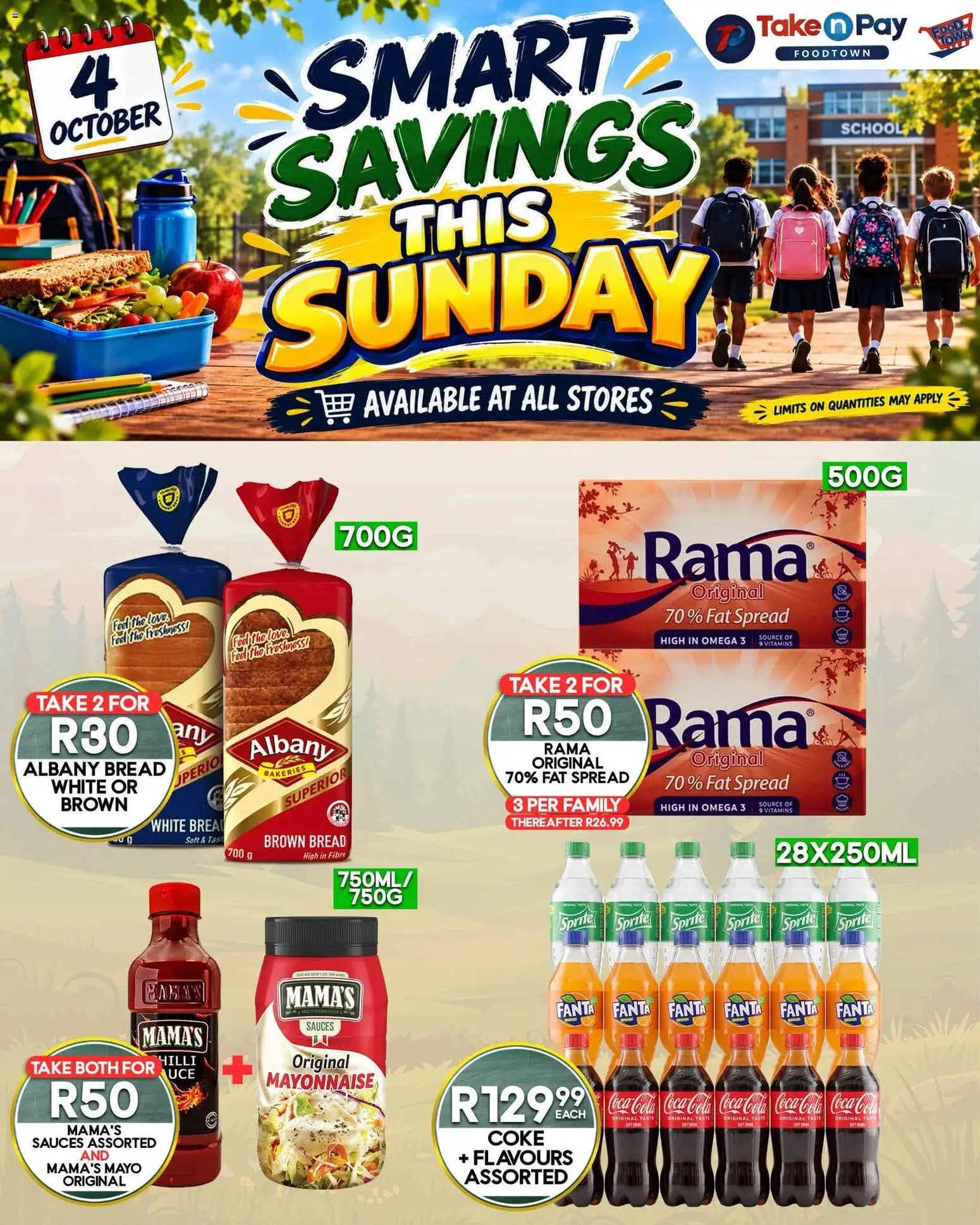 New Take n Pay catalogue – valid from 04/10/2026 | Page: 1 | Products: Spread, Coke, Sauces, Fanta