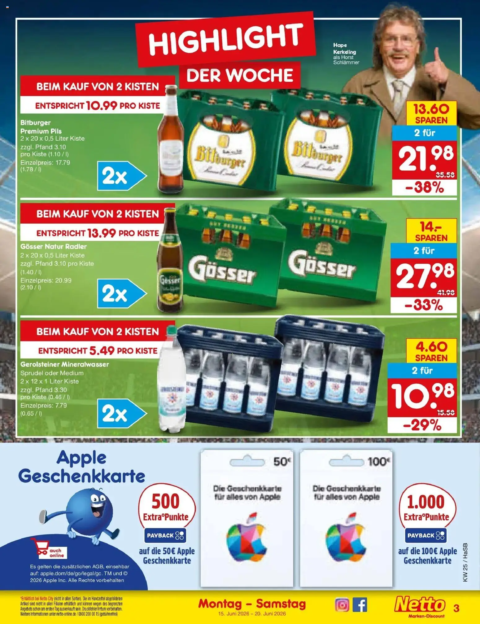 Netto Marken-Discount Prospekt Wuppertal – gültig ab 14.06.2026 | Seite: 3 | Produkte: Bitburger, Pils, Mineralwasser, Apple