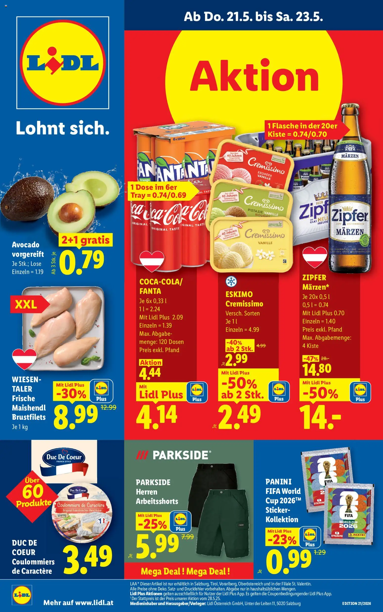 Lidl Flugblatt - Altenmarkt im Pongau, St. Johann im Pongau, Zell am See gültig ab 21.05.2026 | Seite: 1 | Produkte: Rizsliszt, Eis, Avocado