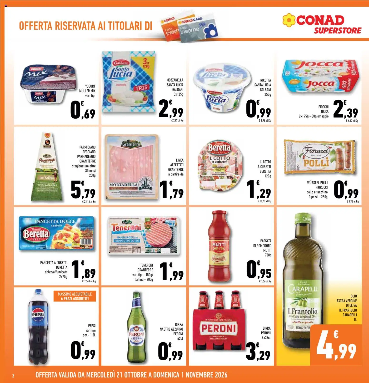 Volantino Conad del 21/10/2026 | Pagina: 2 | Prodotti: Birra, Tacchino, Passata di pomodoro, Olio extra vergine
