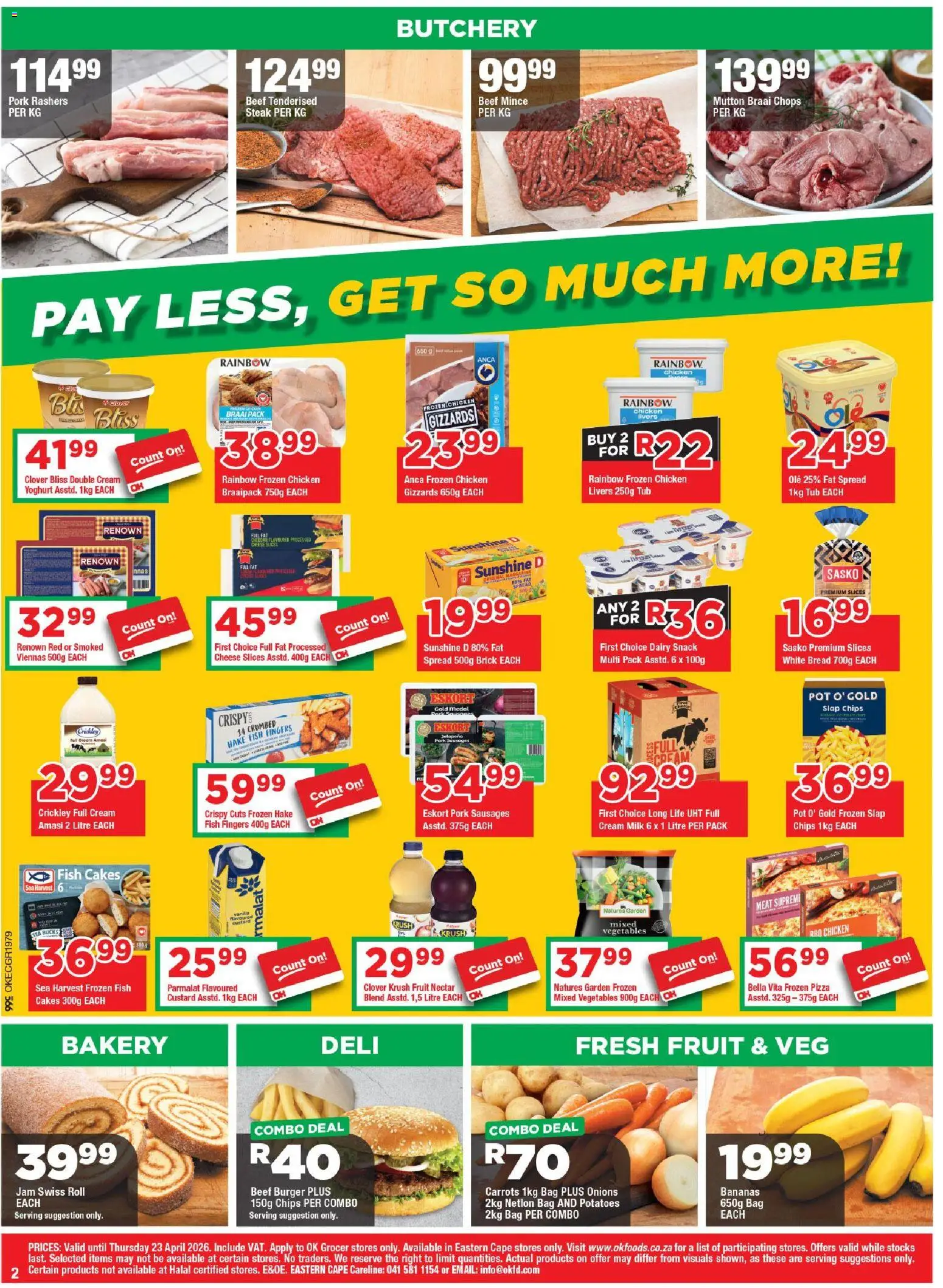 New OK Foods catalogue – valid from 15.04.2026 | Page: 2 | Products: Steak, Milk, Potatoes, Onions