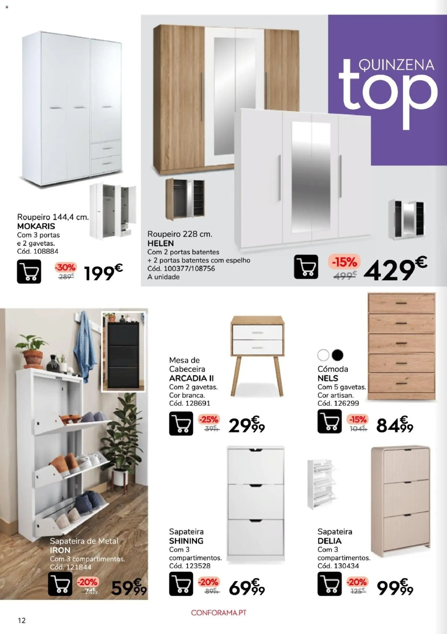 Conforama - Quinzena top │ válido de 10/09/2026 | Página: 12 | Produtos: Roupeiro, Portas, Mesa de cabeceira, Sapateira