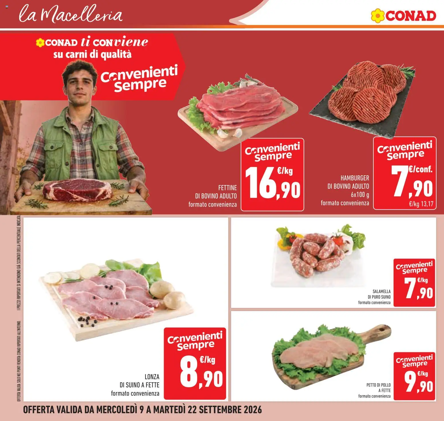 Volantino Conad del 09/09/2026 | Pagina: 28 | Prodotti: Bovino, Petto di Pollo, Salamella, Suino