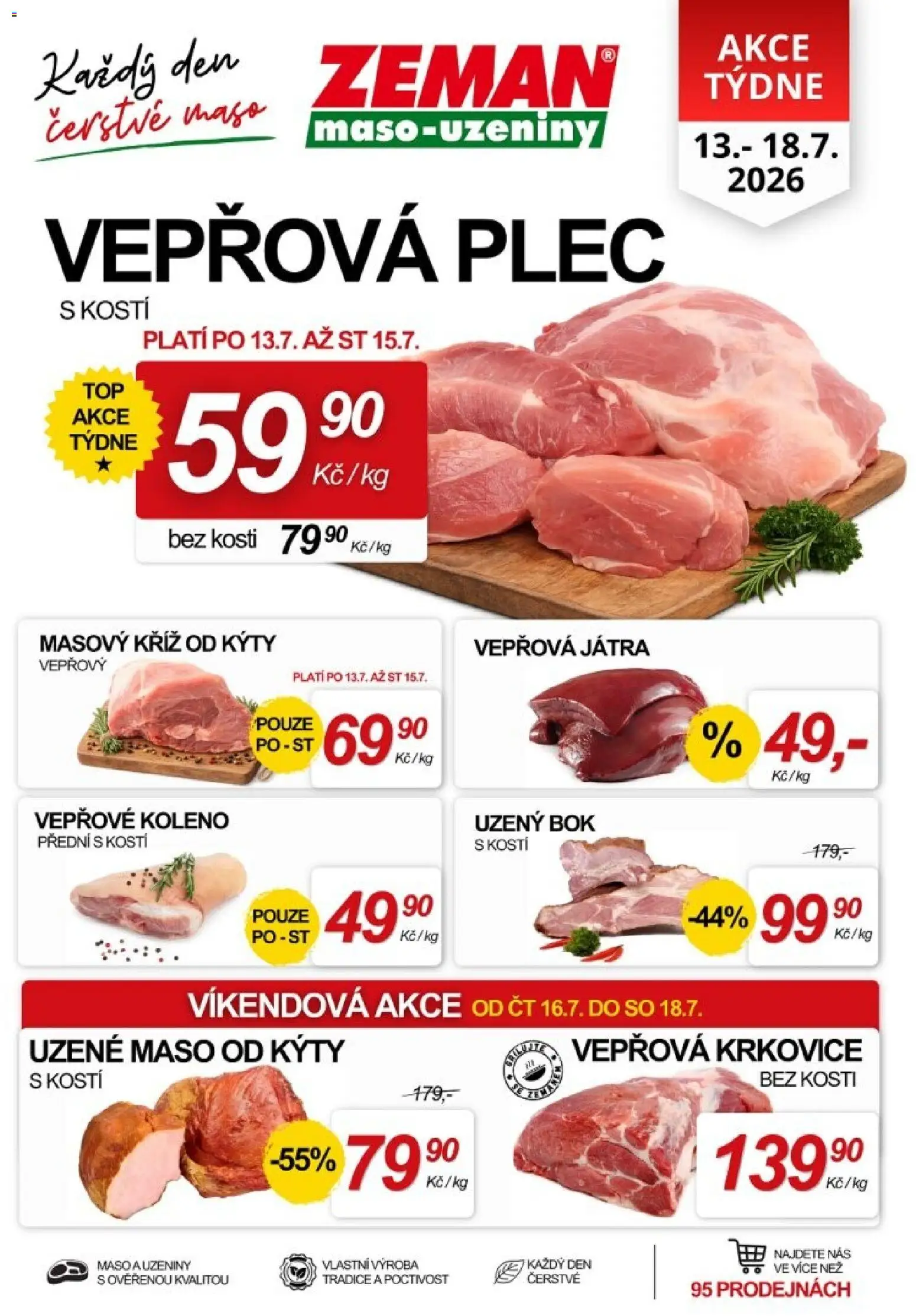 Prodejny Zeman leták od 13.07.2026 | Strana: 1 | Produkty: Vepřové koleno, Vepřová játra, Maso, Vepřová plec