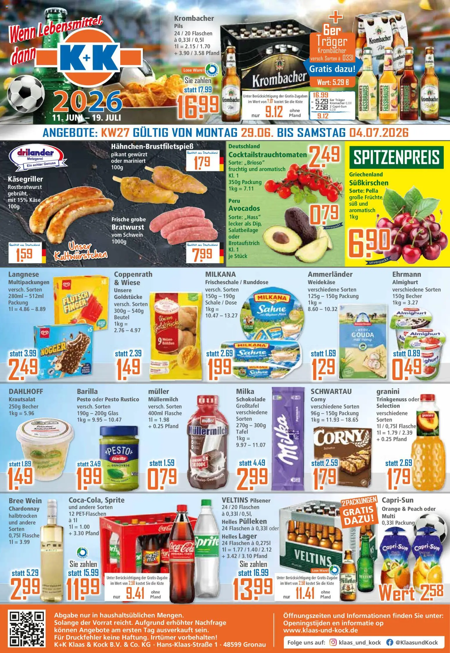Klaas & Kock Prospekt – gültig ab 29.06.2026 | Seite: 1 | Produkte: Cola, Bratwurst, Fassbrause, Sahne