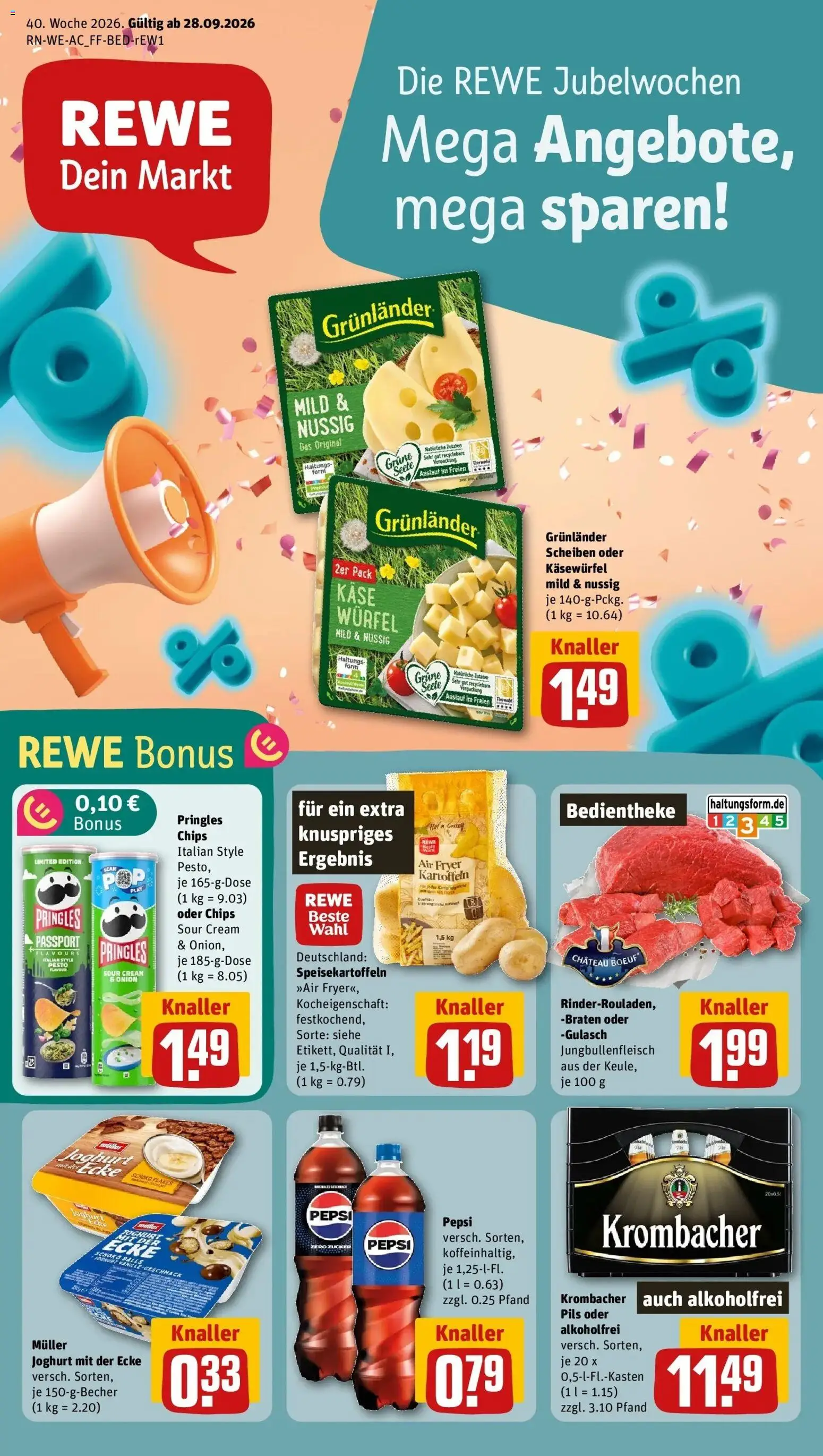 REWE Prospekt ab 28.09.2026 zum Blättern » Angebote | Seite: 1 | Produkte: Gulasch, Krombacher, Pepsi, Pringles