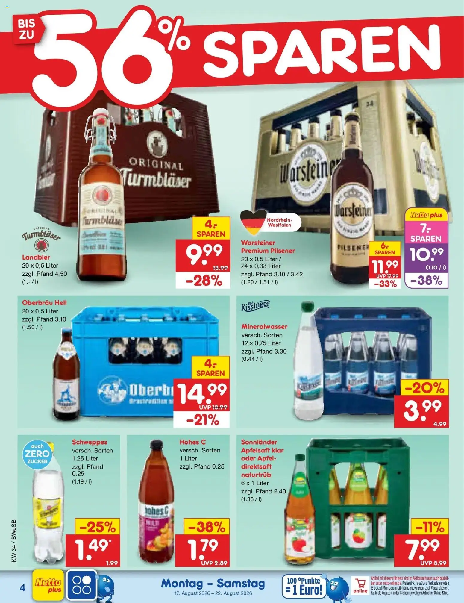 Netto Marken-Discount Prospekt Stemwede-Dielingen – gültig ab 17.08.2026 | Seite: 6 | Produkte: Apfelsaft, Schweppes, Mineralwasser, Warsteiner