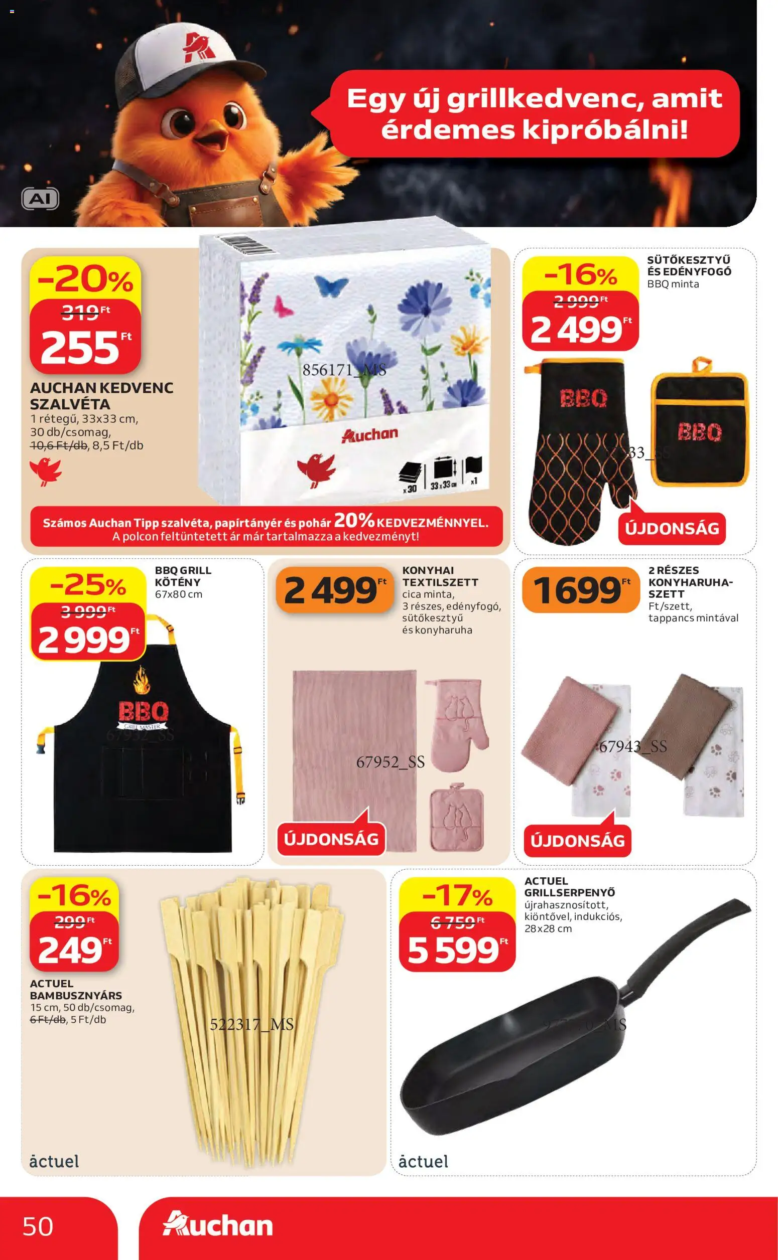 Auchan akciós ujság - amely érvényes a következő dátumtól: 2026.08.27. | Oldal: 50 | Termékek: BBQ, Szalvéta, Konyharuha, Pohár