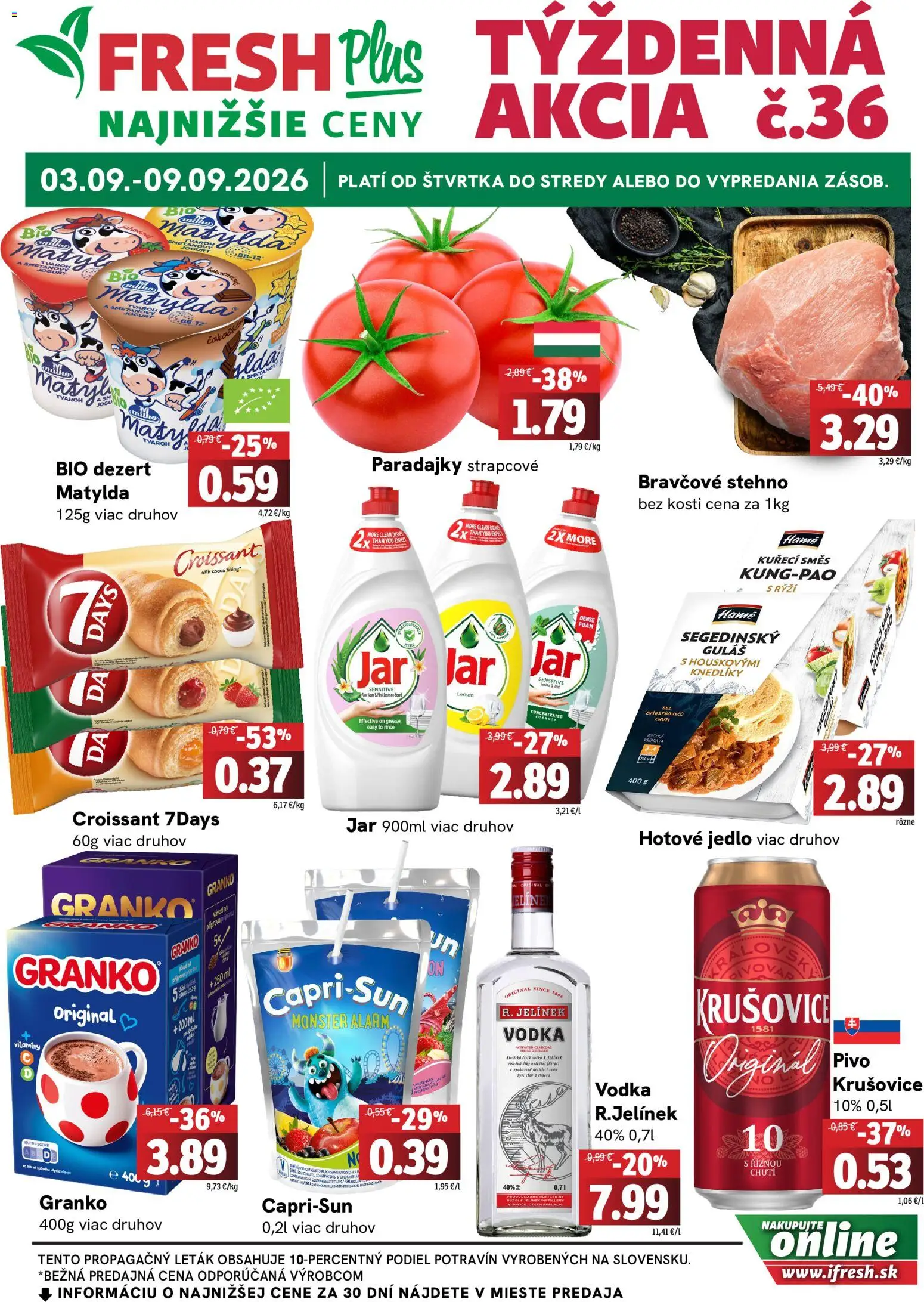 Nové Fresh akcie – leták je platný od 03.09.2026 | Strana: 1 | Produkty: Paradajky, Krušovice, Tvaroh, Granko