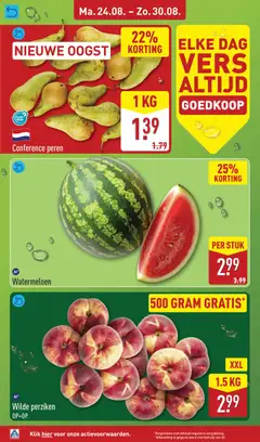 Watermeloen, Watermelon - Voorbeeld van een folder van Aldi, geldig van 24-08-2026 | Pagina: 4 | Producten: Peren, Watermeloen, Perziken
