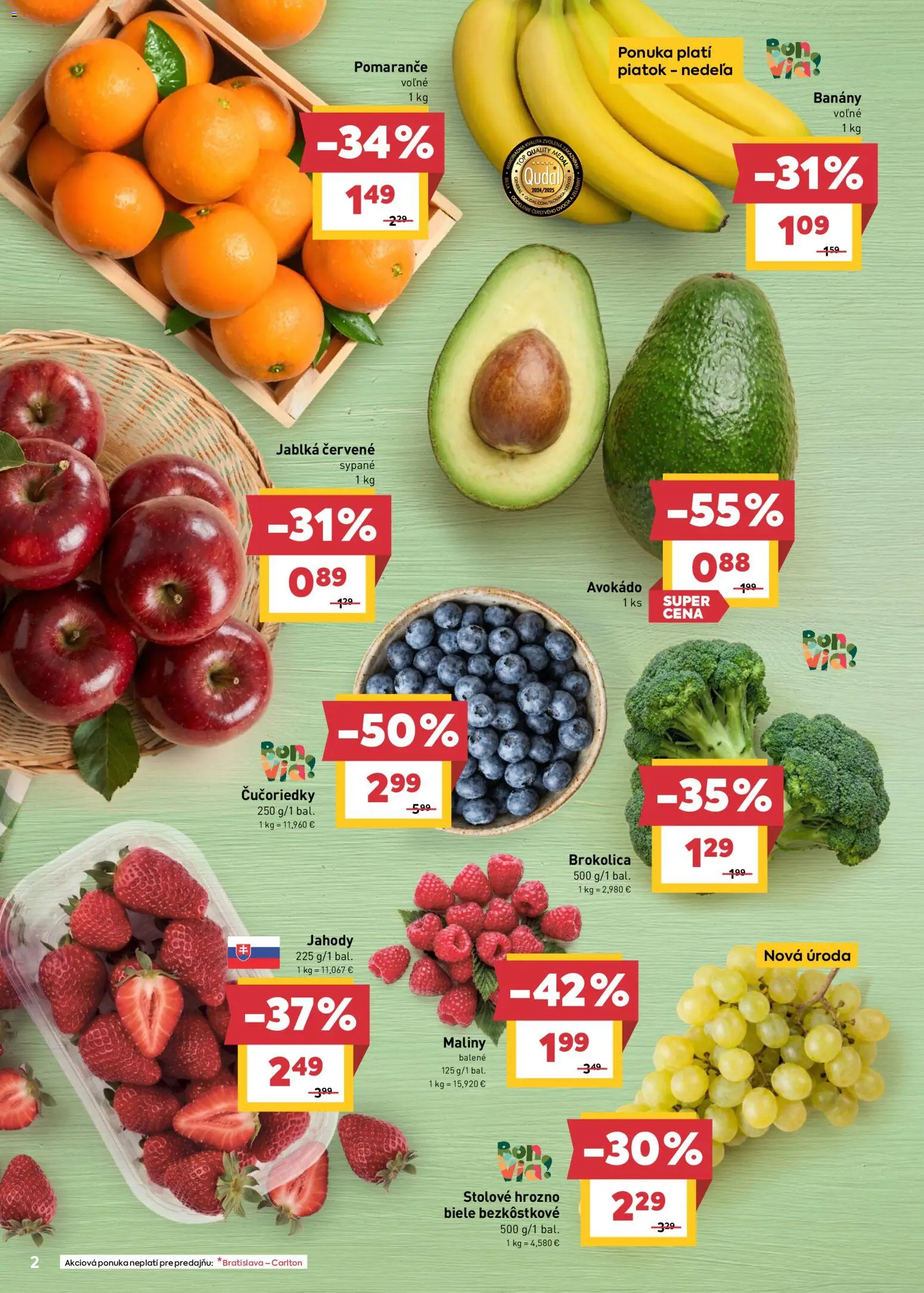 Nové Billa akcie – leták je platný od 06.05.2026 | Strana: 2 | Produkty: Brokolica, Avokádo, Hrozno, Maliny