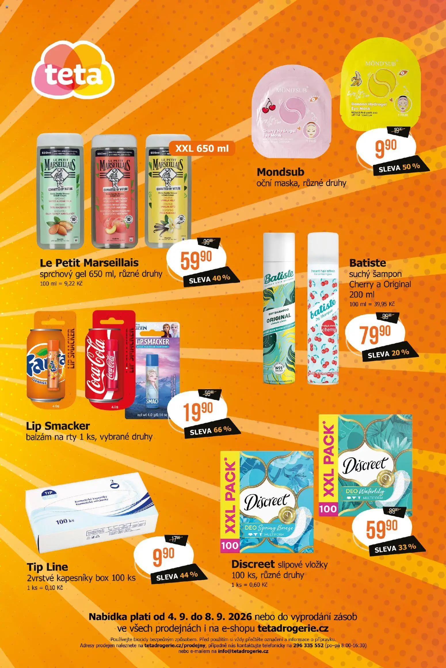 TETA Drogerie leták - Cenový třesk od 04.09.2026 | Strana: 2 | Produkty: Sprchový gel, Slipové vložky, Šampon, Cola