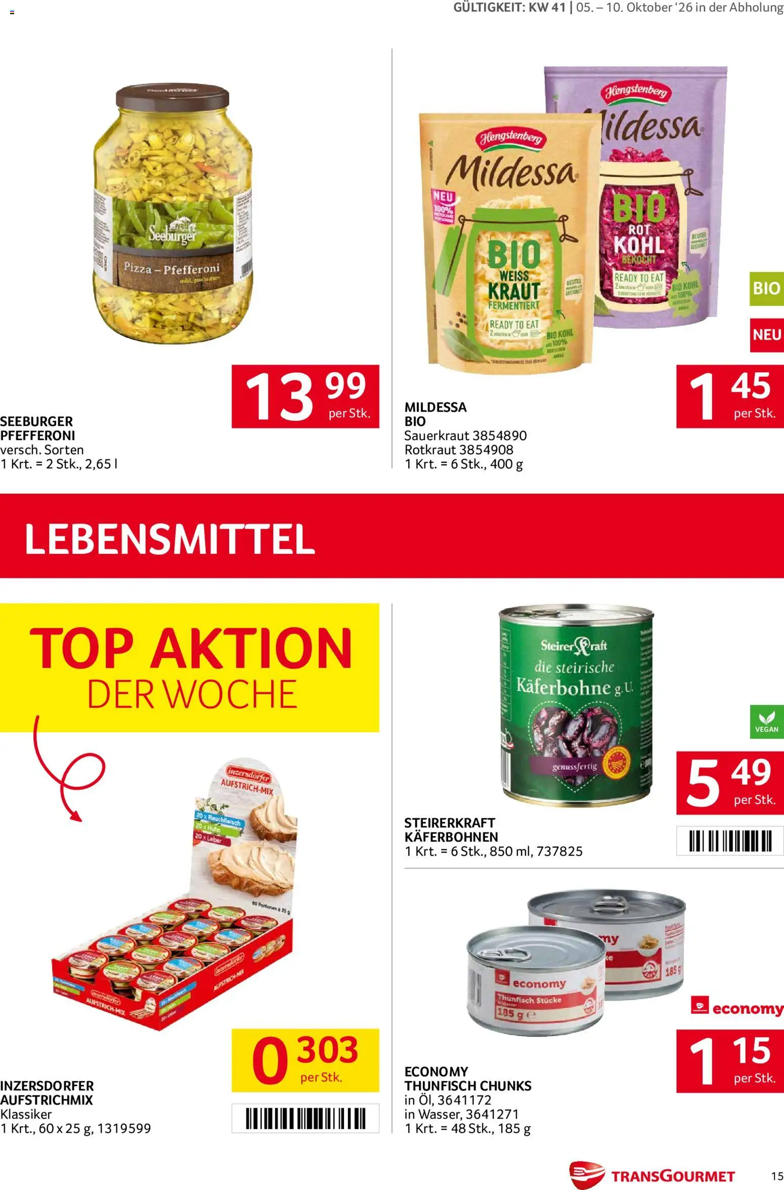 Transgourmet Flugblatt gültig ab 05.10.2026 | Seite: 15 | Produkte: Kraut, Lebensmittel, Sauerkraut, Pizza