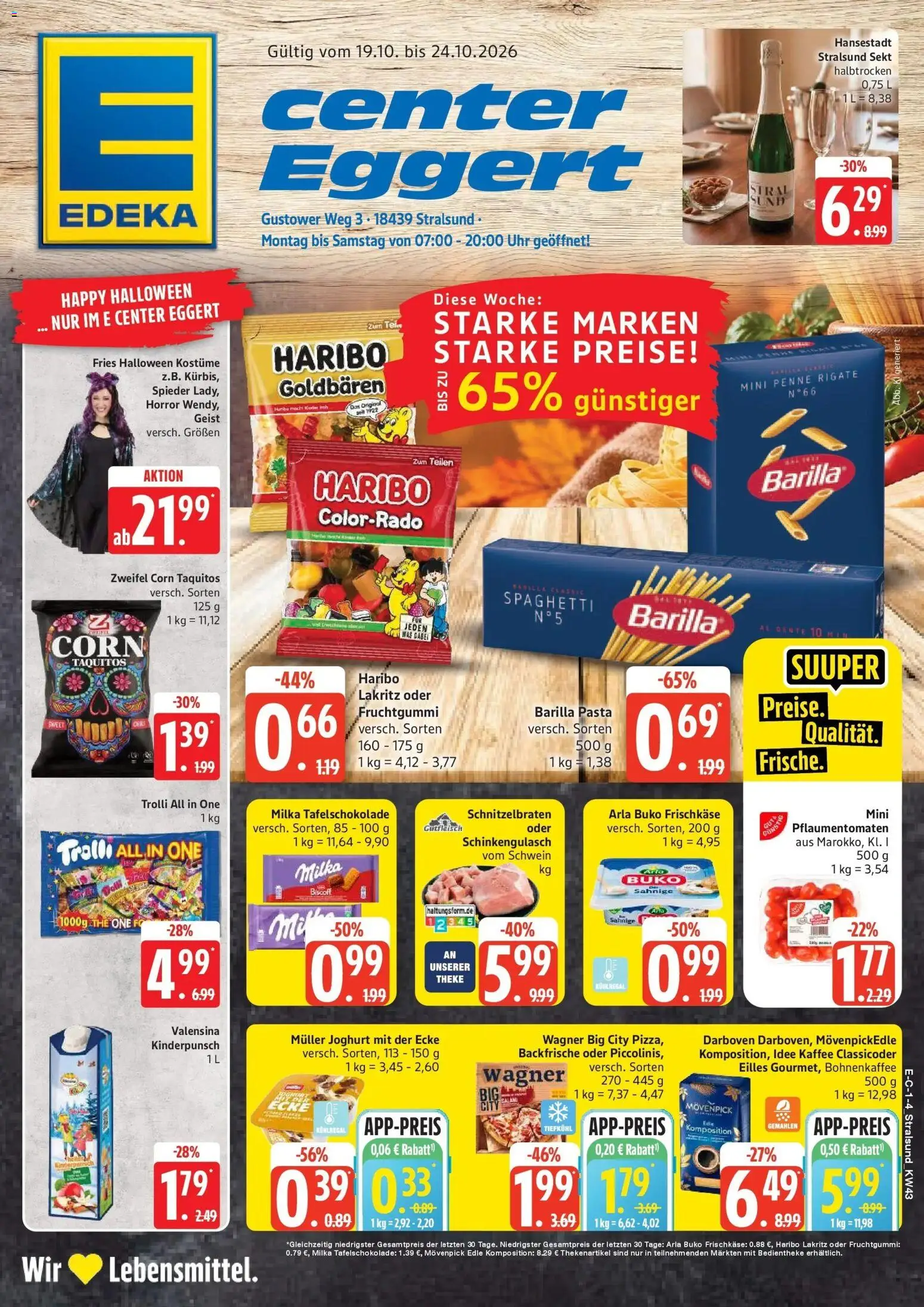 E center Prospekt Stralsund (ab 19.10.2026) zum Blättern | Seite: 1 | Produkte: Theke, Sekt, Pasta, Uhr