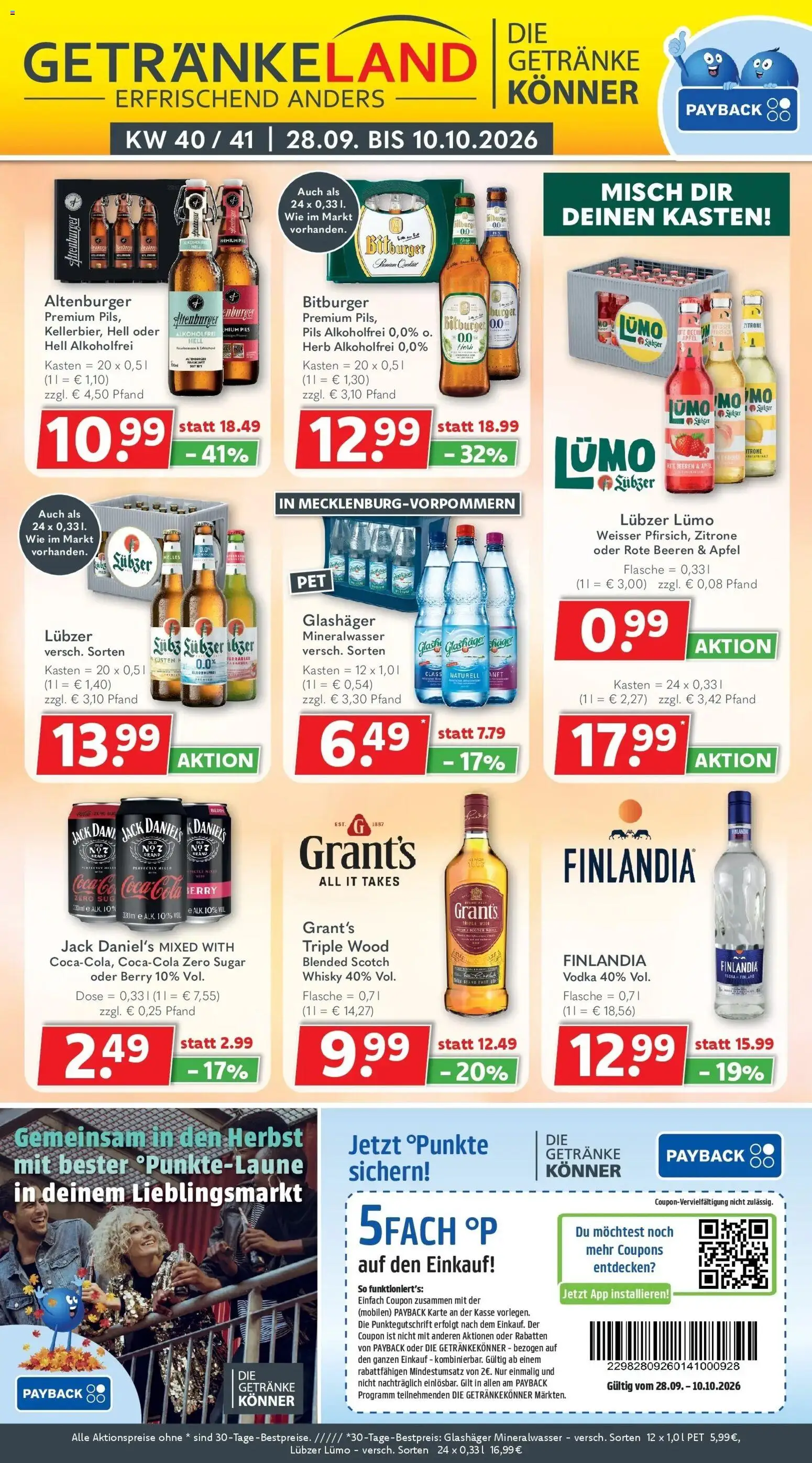 Getränkeland Prospekt Neustrelitz (ab 28.09.2026) zum Blättern | Seite: 1 | Produkte: Cola, Burger, Äpfel, Jack Daniel's
