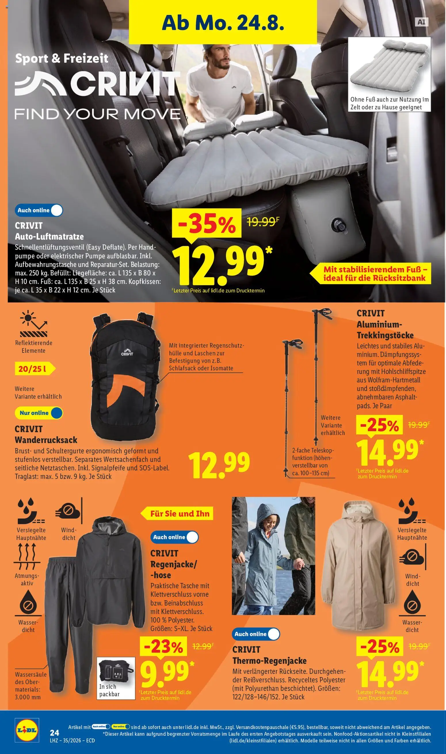 Lidl Prospekt – gültig ab 24.08.2026 | Seite: 20 | Produkte: Kopfkissen, Schlafsack, Wasser, Hose