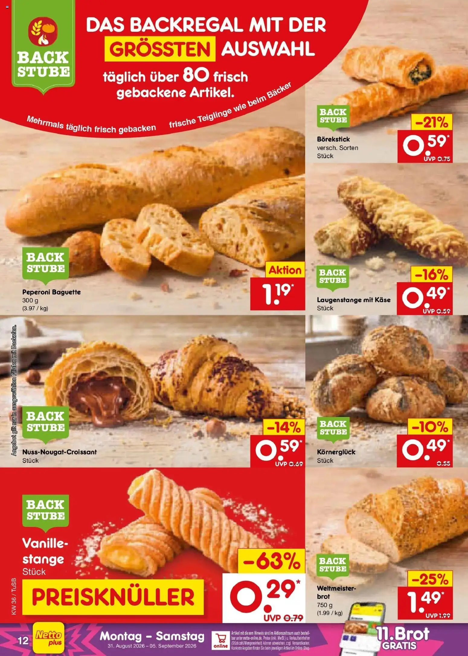 Netto Marken-Discount Prospekt Lahr-Langenwinkel (ab 31.08.2026) » Angebote | Seite: 16 | Produkte: Käse, Baguette, Vanille, Brot