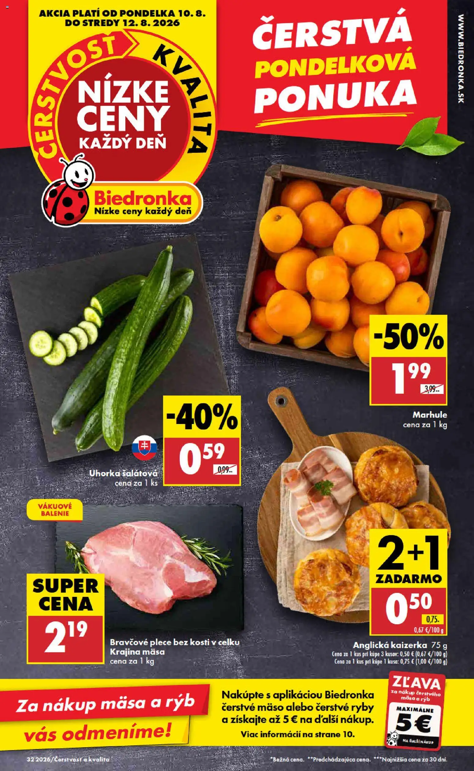Nové Biedronka akcie – leták je platný od 10.08.2026 | Strana: 1 | Produkty: Bravčové plece, Mäso, Uhorka, Šalátová uhorka