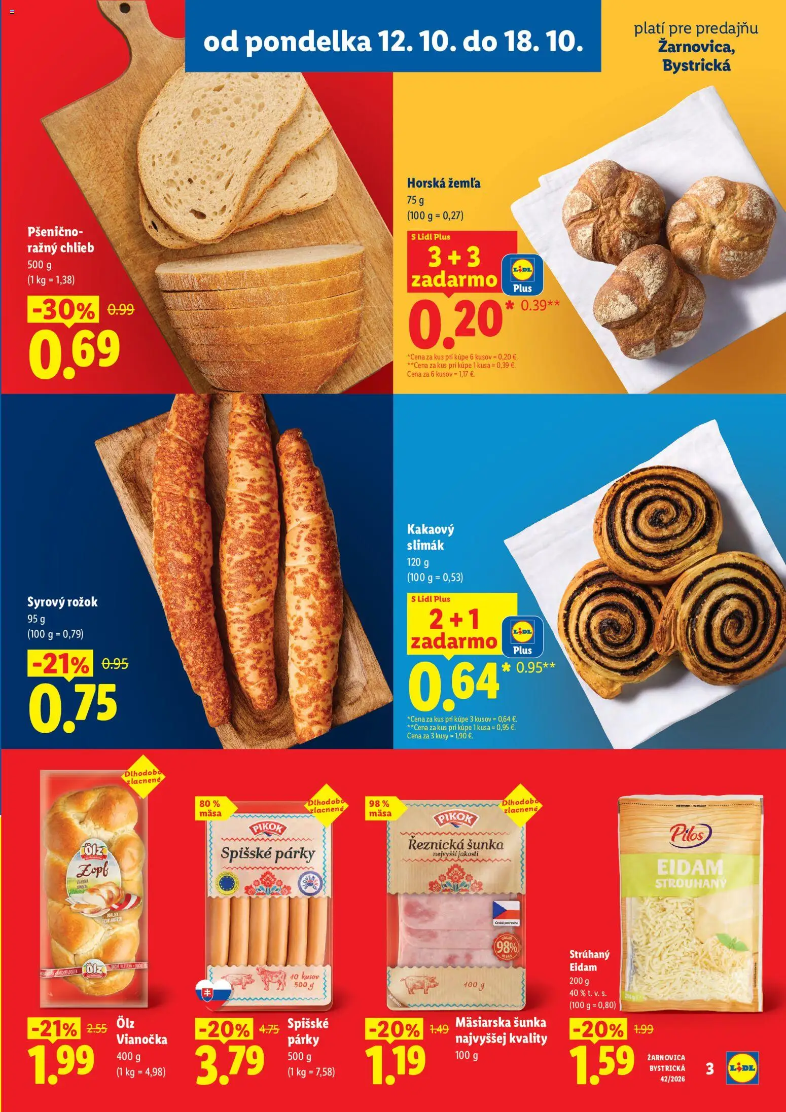 Nové Lidl akcie – leták je platný od 12.10.2026 | Strana: 3 | Produkty: Chlieb, Šunka, Eidam, Vianočka
