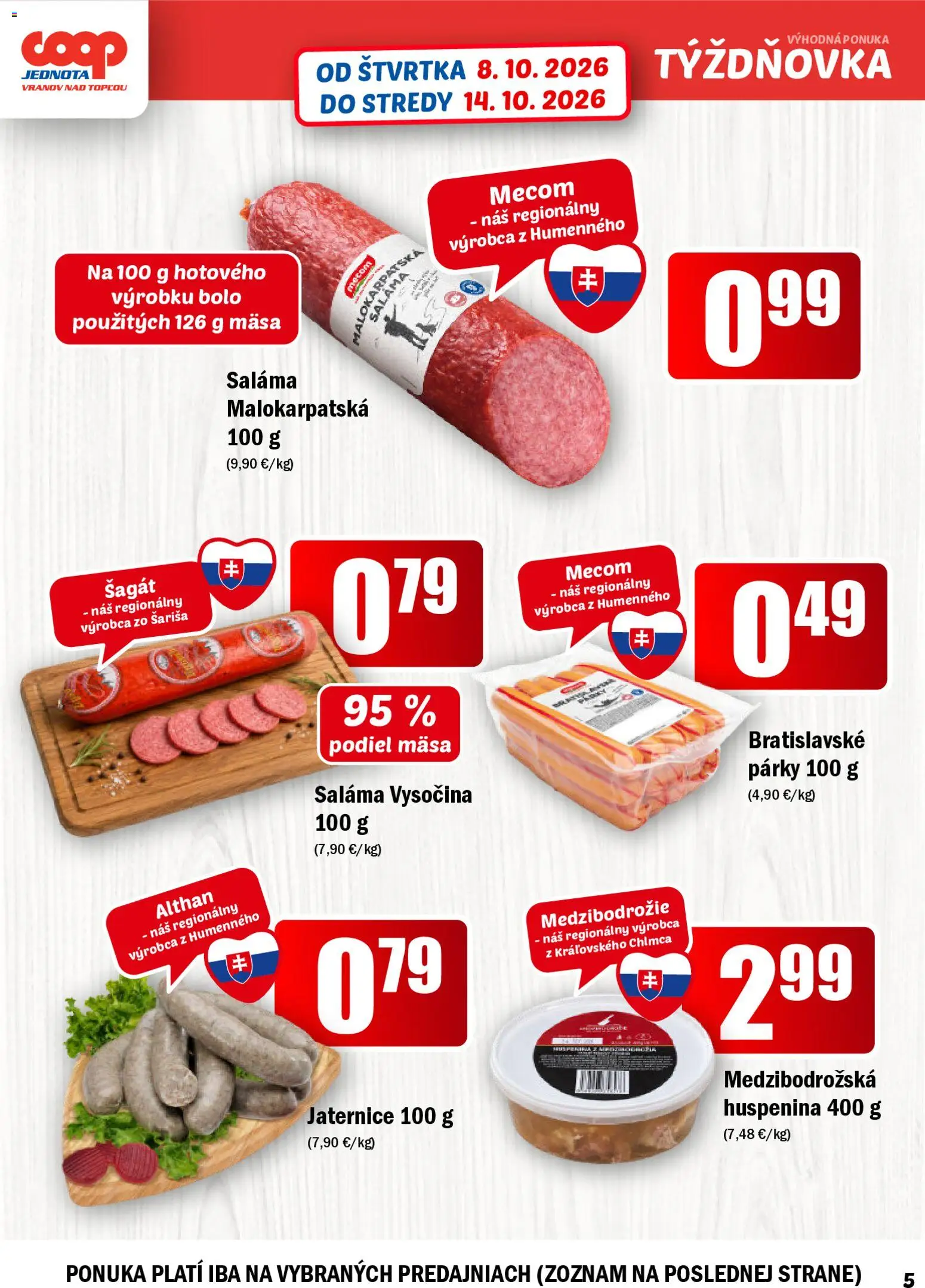 Nové COOP Jednota akcie – leták je platný od 08.10.2026 | Strana: 5 | Produkty: Saláma, Párky