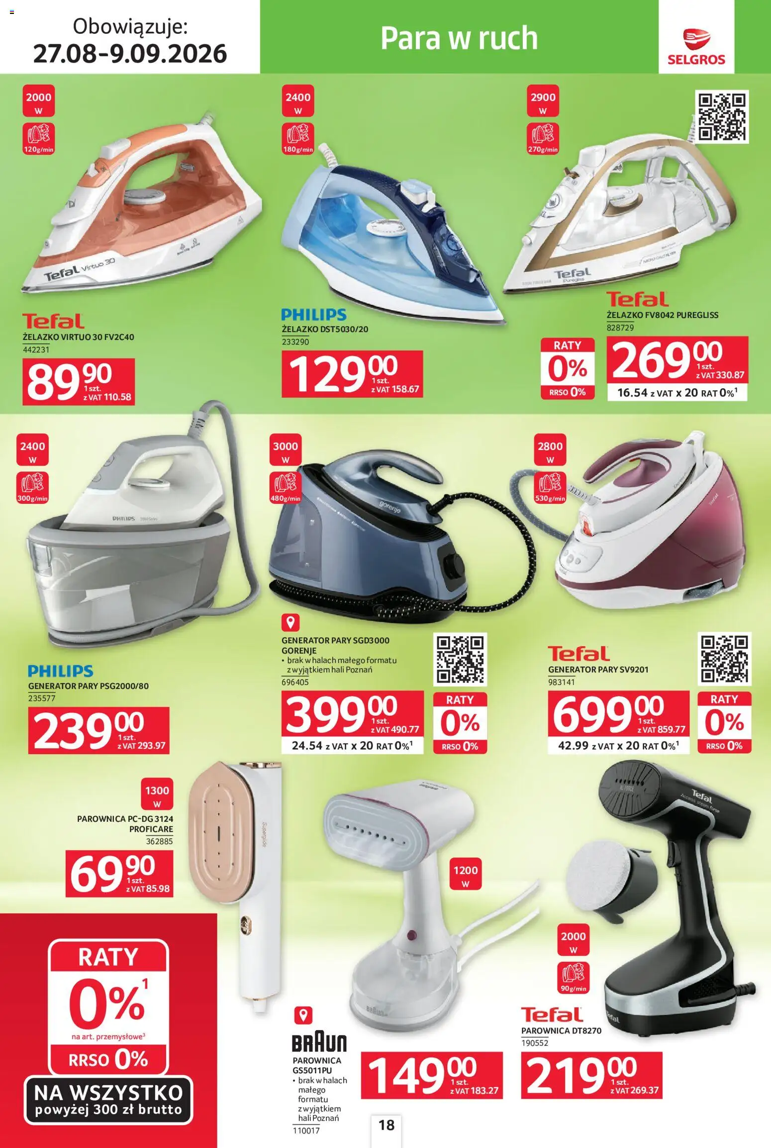 Selgros cash&carry gazetka - Sprzątanie od 27.08.2026 | Strona: 18 | Produkty: Żelazko, Parownica, Generator pary, Tefal
