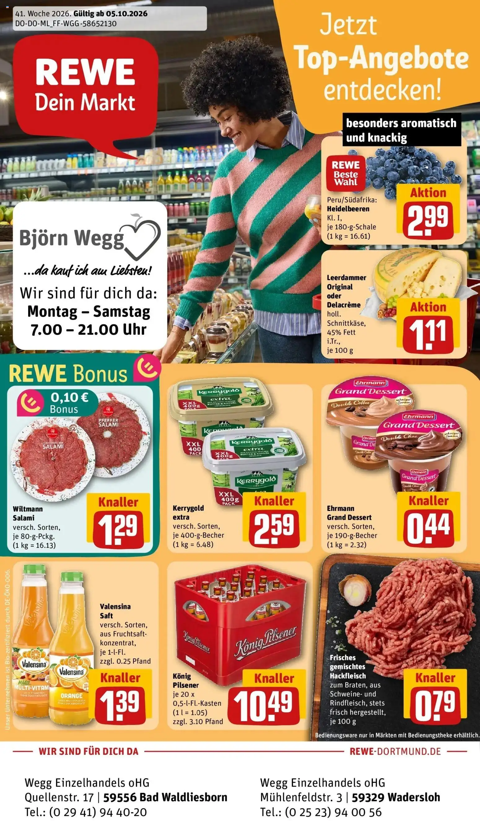 REWE Prospekt ab 05.10.2026 zum Blättern » Angebote | Seite: 1 | Produkte: Öl, Leerdammer, Salami, Hackfleisch