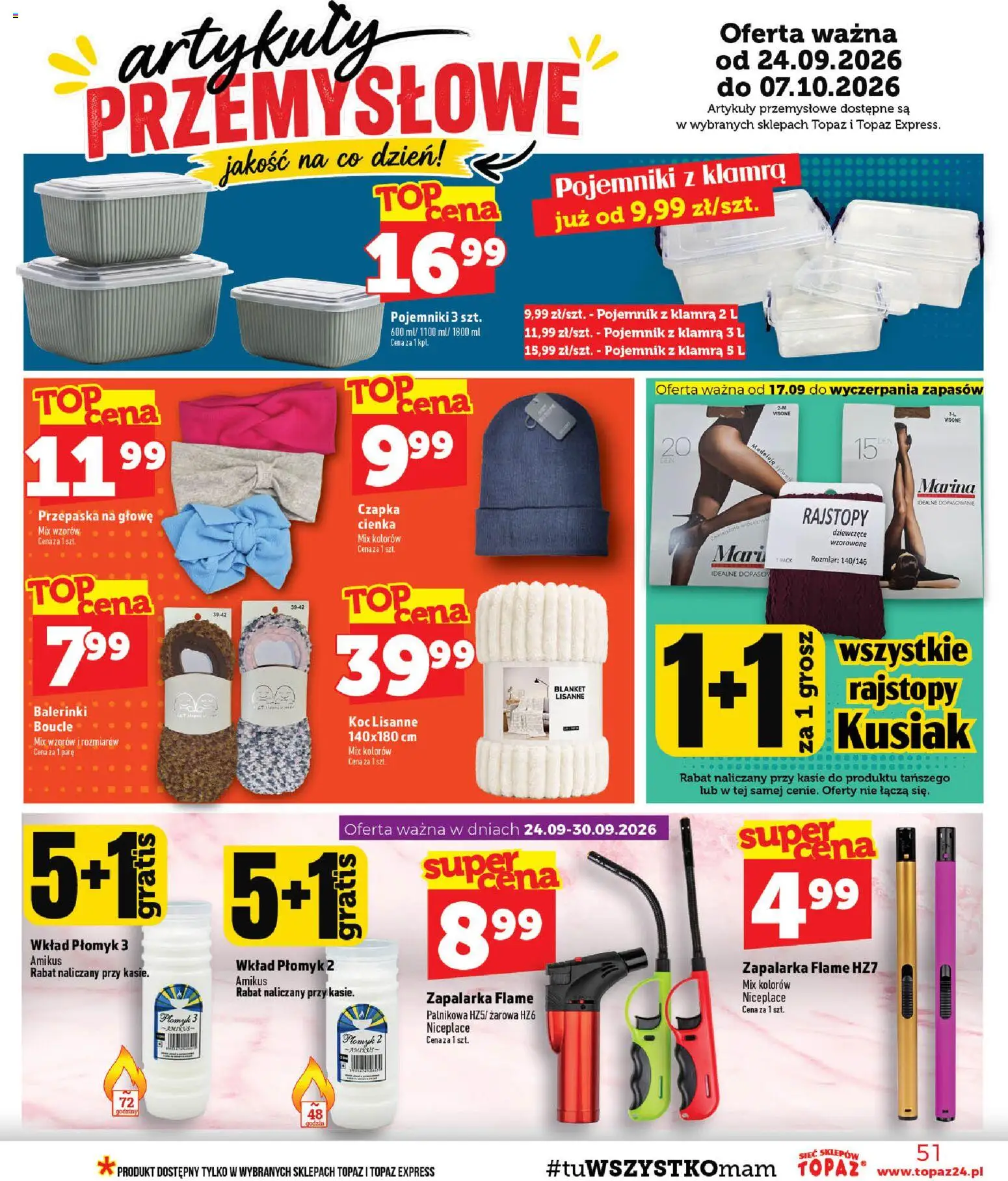 Topaz gazetka - MAZ od 24.09.2026 | Strona: 51 | Produkty: Czapka, Rajstopy, Koc, Artykuły przemysłowe