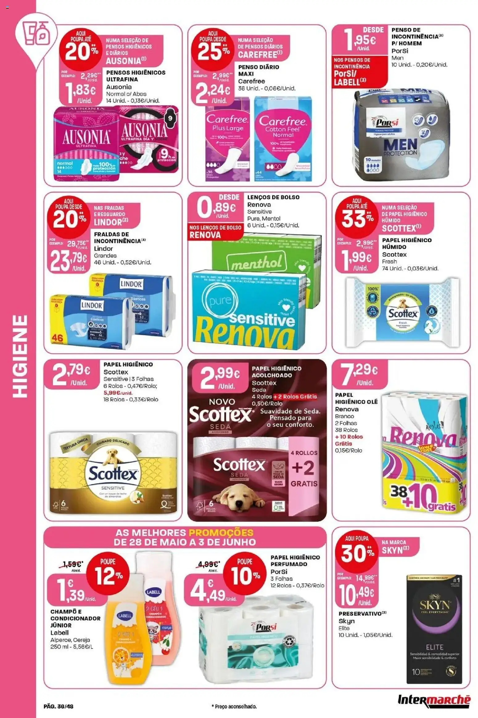 Intermarché - Isto é que são preços BAIXOS! │ válido de 28.05.2026 | Página: 36 | Produtos: Papel higiénico, Pensos higiénicos, Fraldas, Cereja