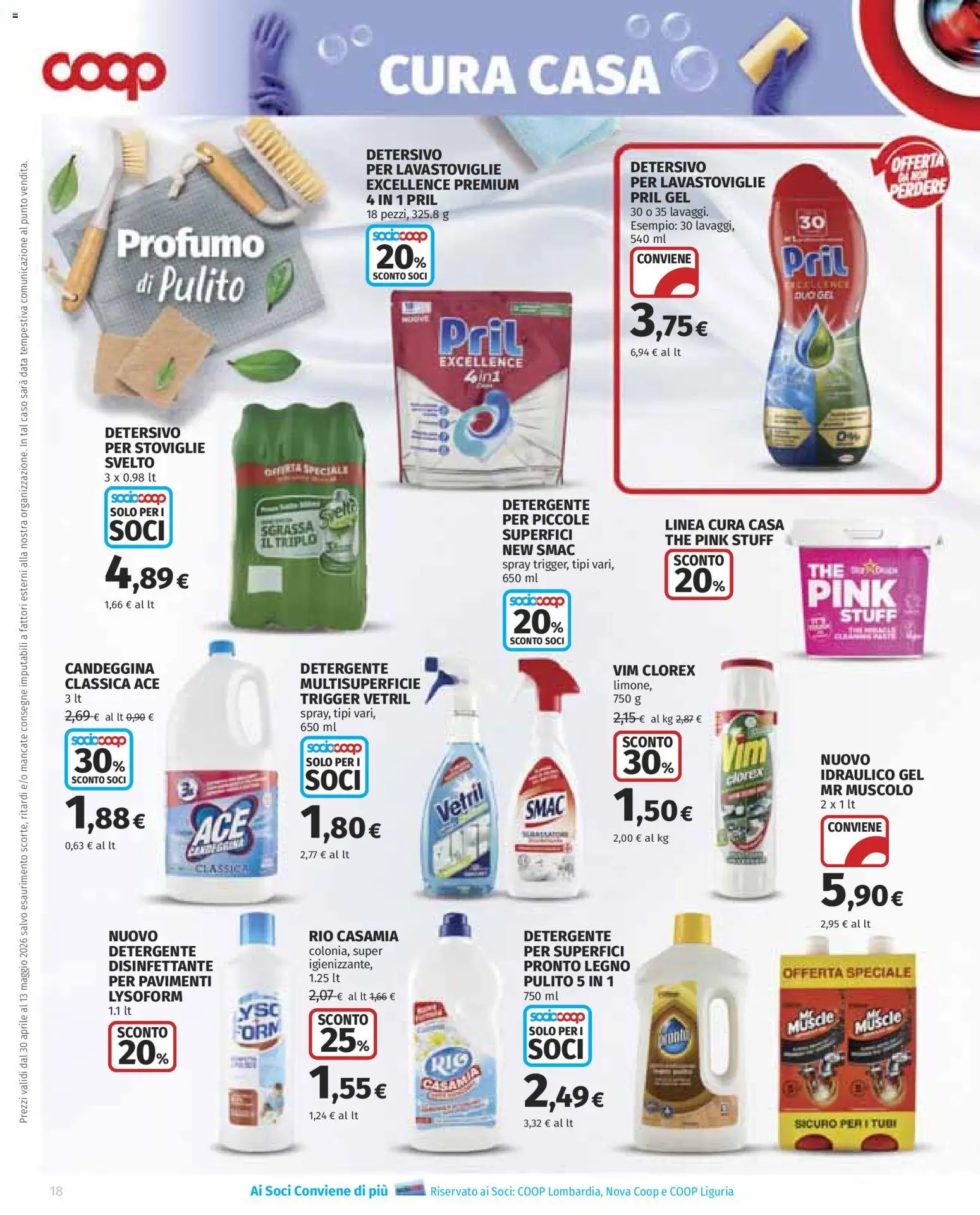 Volantino COOP del 30.04.2026 | Pagina: 18 | Prodotti: Detersivo per lavastoviglie, Candeggina, Data, Profumo