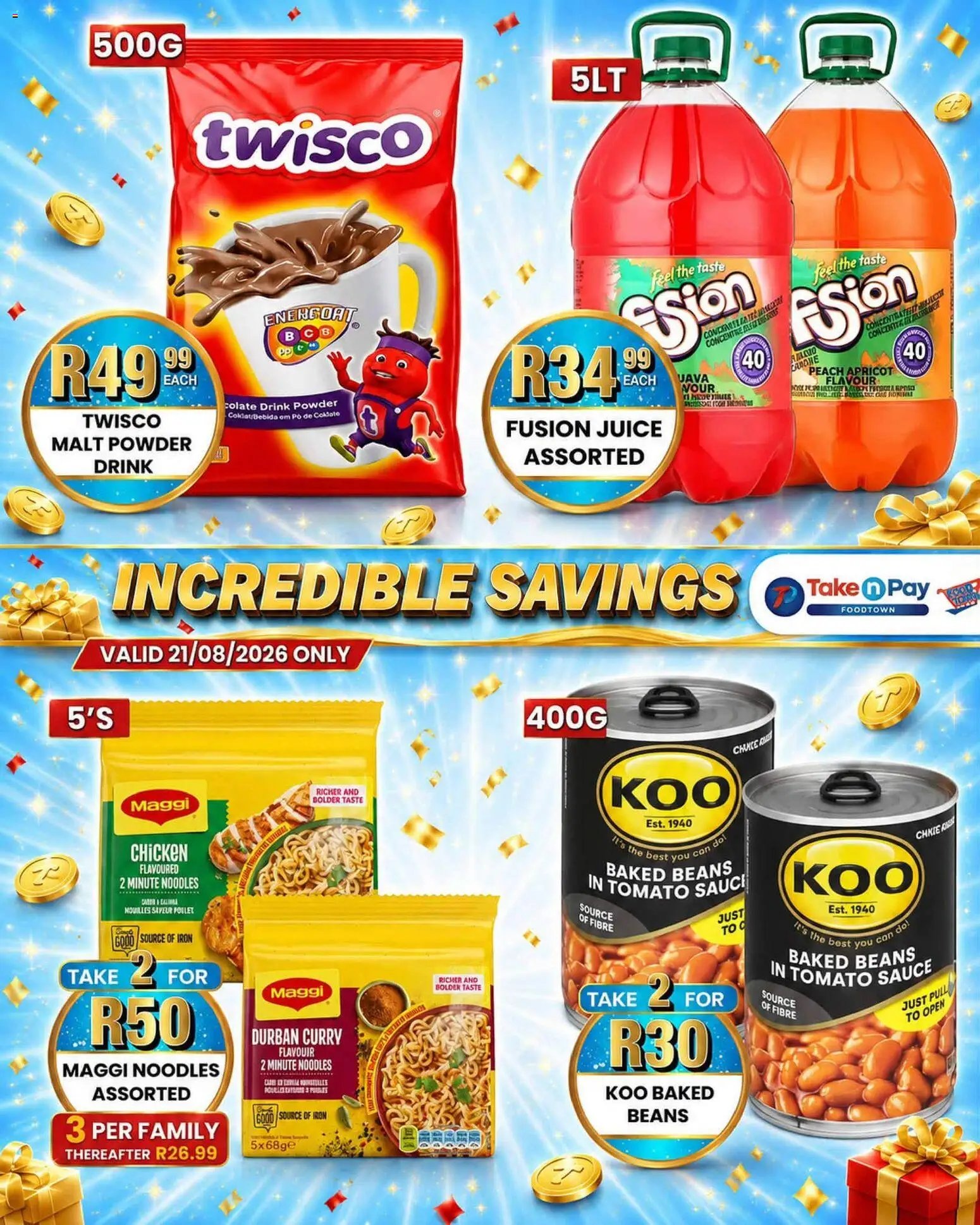 New Take n Pay catalogue – valid from 21/08/2026 | Page: 4 | Products: Beans, Juice, Powder, Tomato sauce