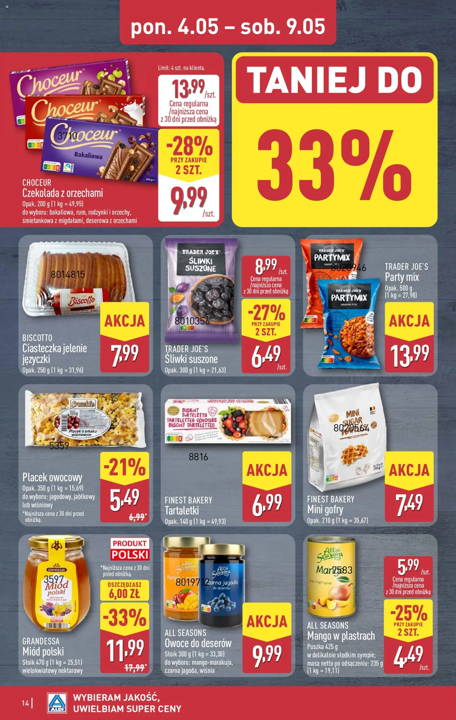 Aldi gazetka od 04.05.2026 | Strona: 14 | Produkty: Miód, Śliwki, Ciasteczka, Rodzynki