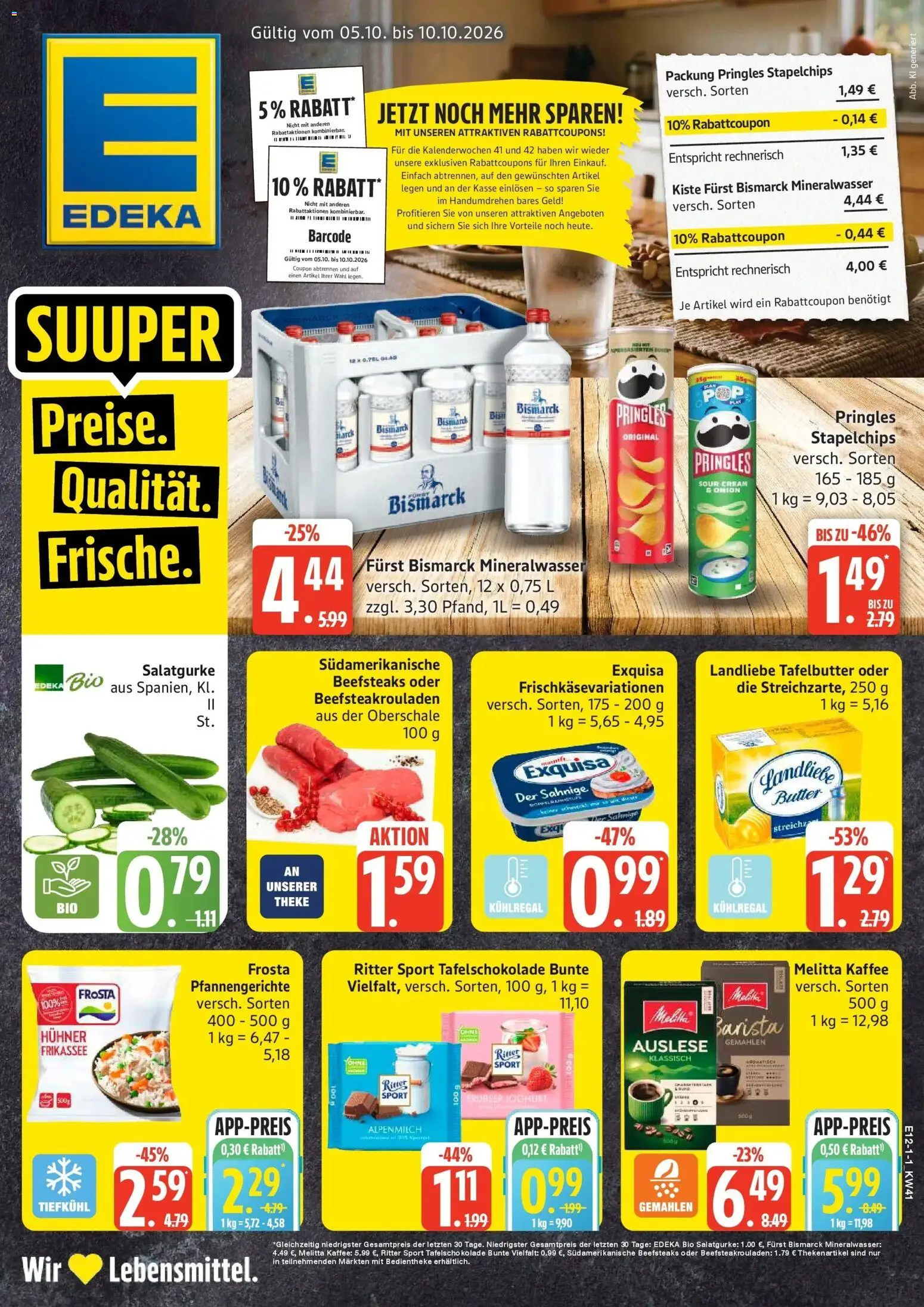 Edeka Prospekt Warnemünde / Rostock (ab 05.10.2026) » Angebote Online | Seite: 1 | Produkte: Mineralwasser, Frosta, Exquisa, Pringles