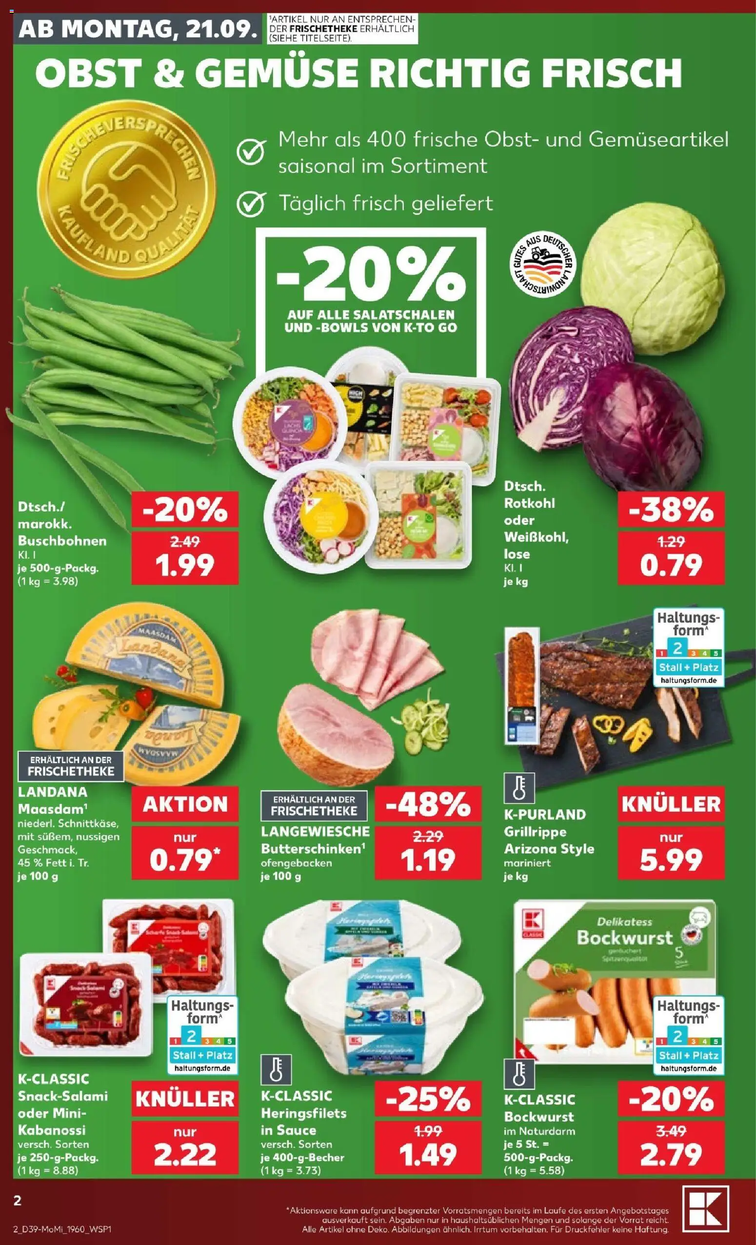 Kaufland Prospekt – gültig ab 21.09.2026 | Seite: 2 | Produkte: Bockwurst, Rotkohl, Gemüse, Obst