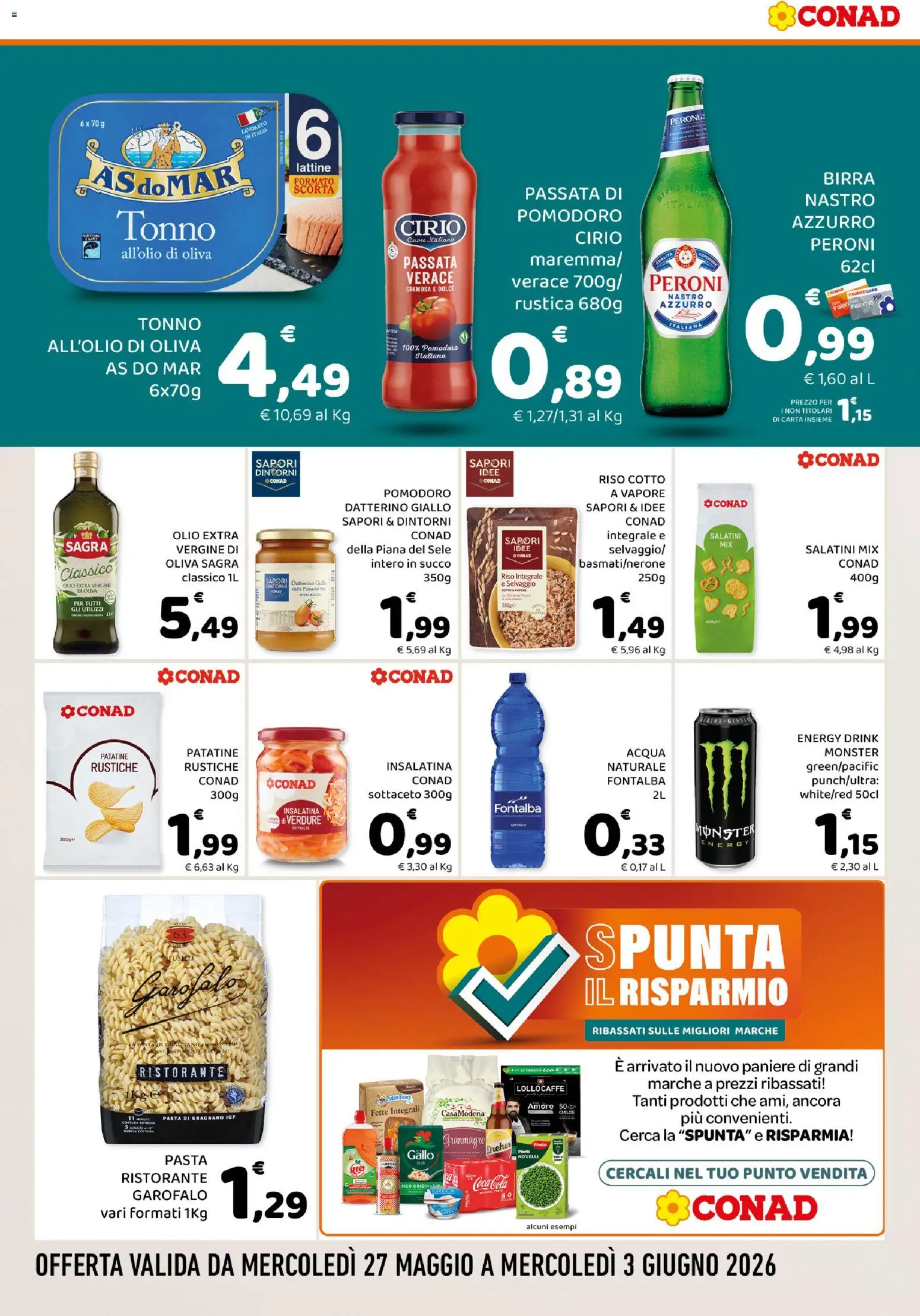 Volantino Conad del 27.05.2026 | Pagina: 4 | Prodotti: Birra, Passata di pomodoro, Acqua naturale, Olio extra vergine