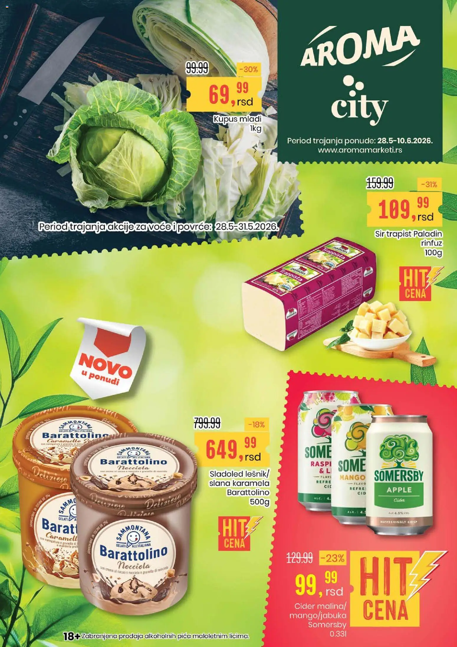Aroma Market katalog - važi od 28.05.2026 | Strana: 1 | Proizvode: Sladoled, Kupus, Somersby, Sir