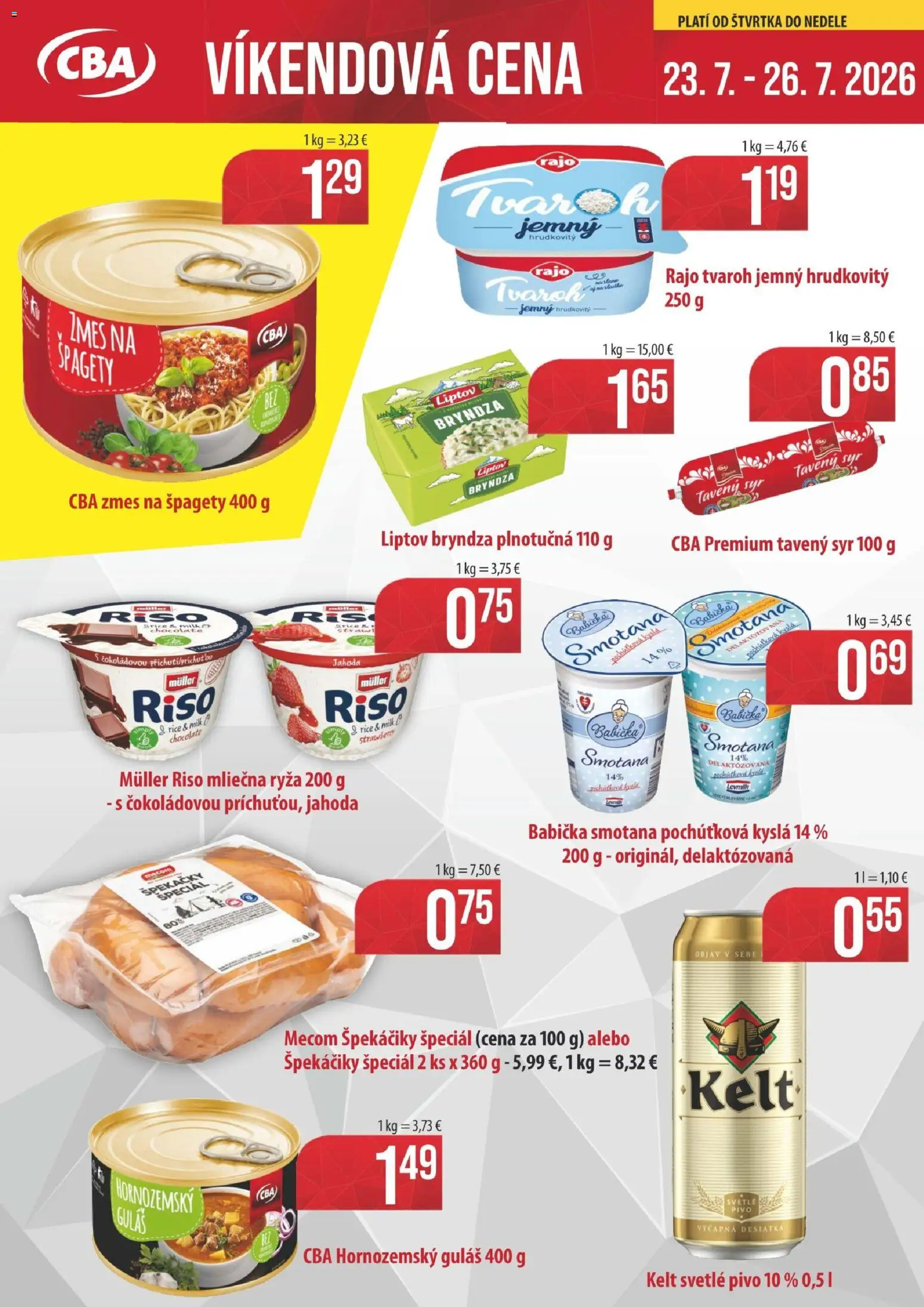Nové KARMEN CBA akcie – leták je platný od 23.07.2026 | Strana: 1 | Produkty: Syr, Smotana, Bryndza, Špagety