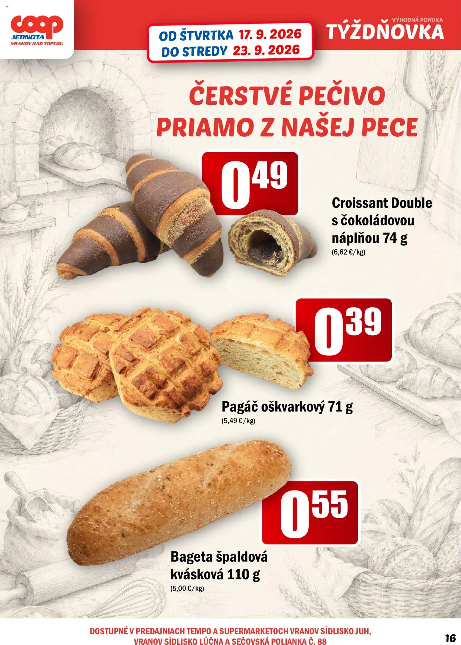 Nové COOP Jednota akcie – leták je platný od 17.09.2026 | Strana: 16 | Produkty: Croissant, Bageta, Pečivo