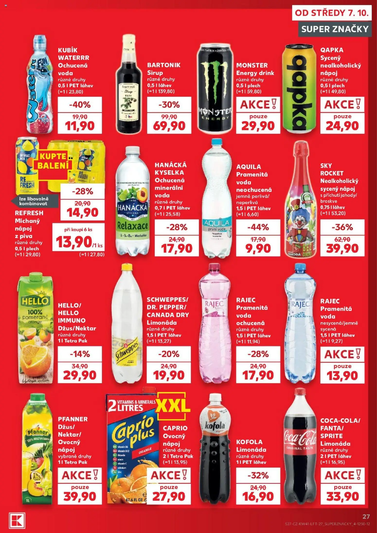 Kaufland leták - Plzeň od 07.10.2026 | Strana: 27 | Produkty: Voda, Coca cola, Sirup, Kubík Waterrr