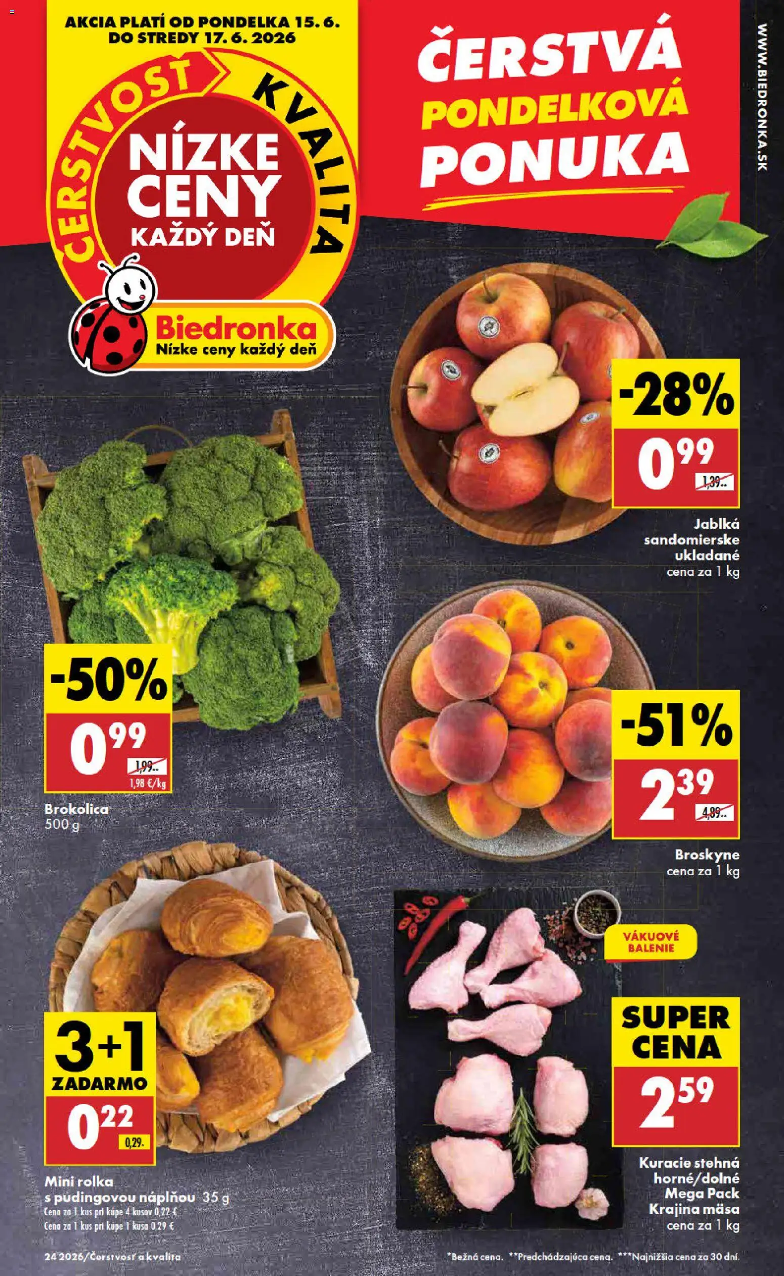 Nové Biedronka akcie – leták je platný od 15.06.2026 | Strana: 1 | Produkty: Jablká, Brokolica, Kuracie stehná, Broskyne