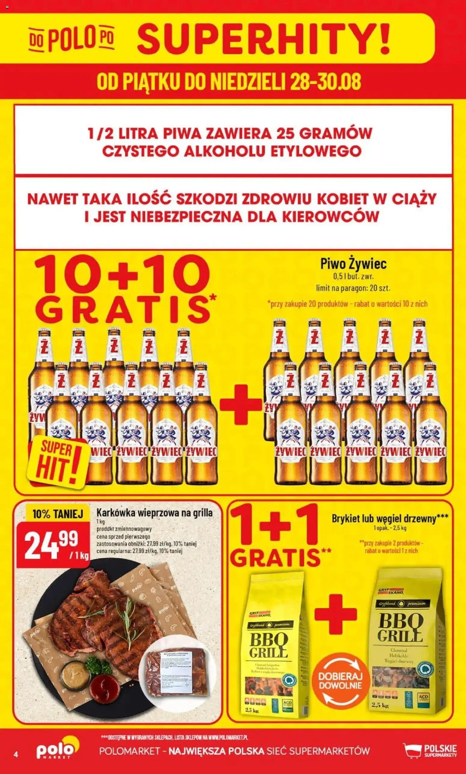 Nowa POLOmarket gazetka od jutra 26.08.2026 | Strona: 4 | Produkty: Karkówka, Węgiel drzewny, Grill, Piwo