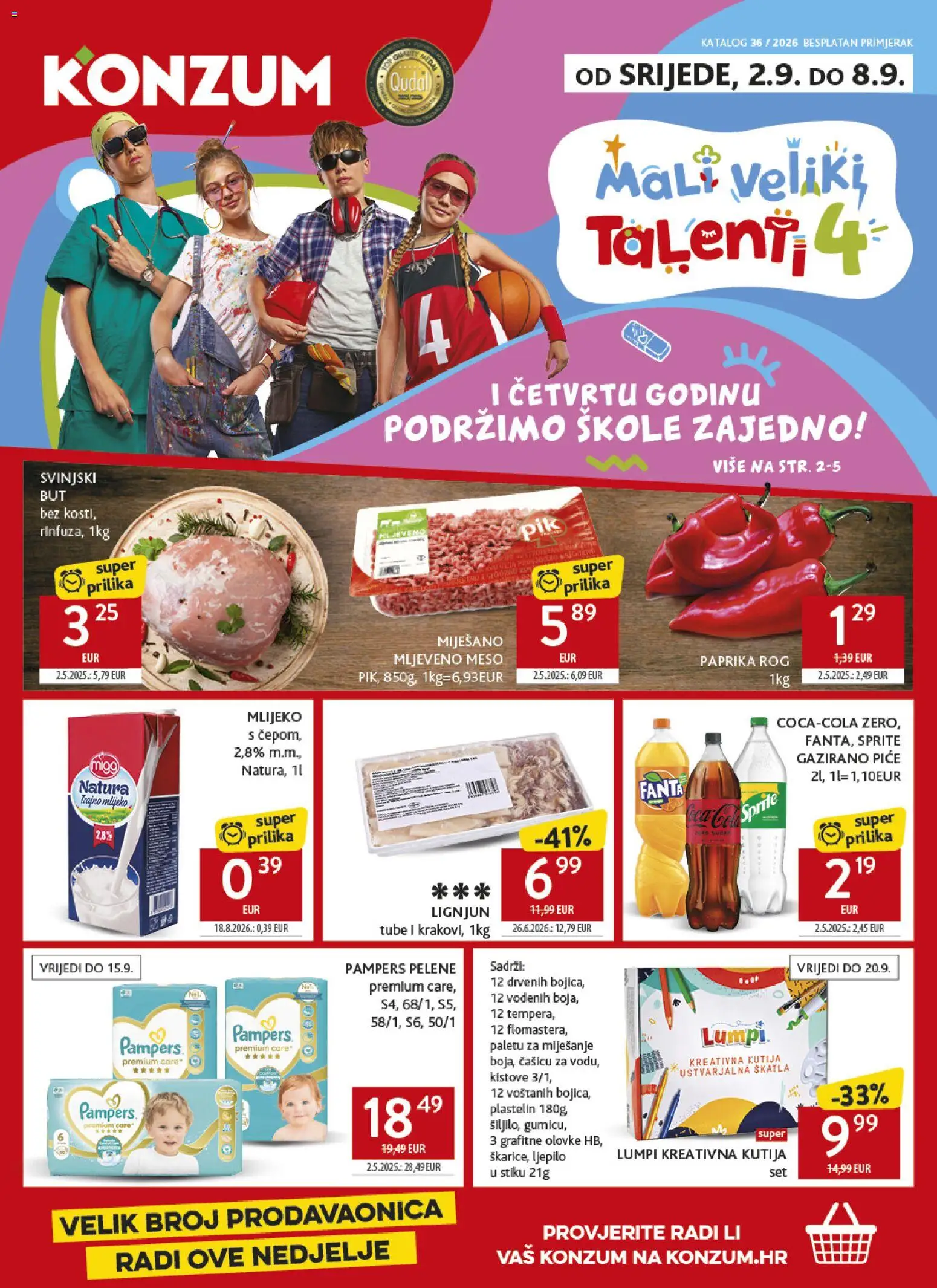 Konzum HR akciós ujság - amely érvényes a következő dátumtól: 2026.09.02. | Oldal: 1 | Termékek: Pampers, Paprika, Sprite, Vas