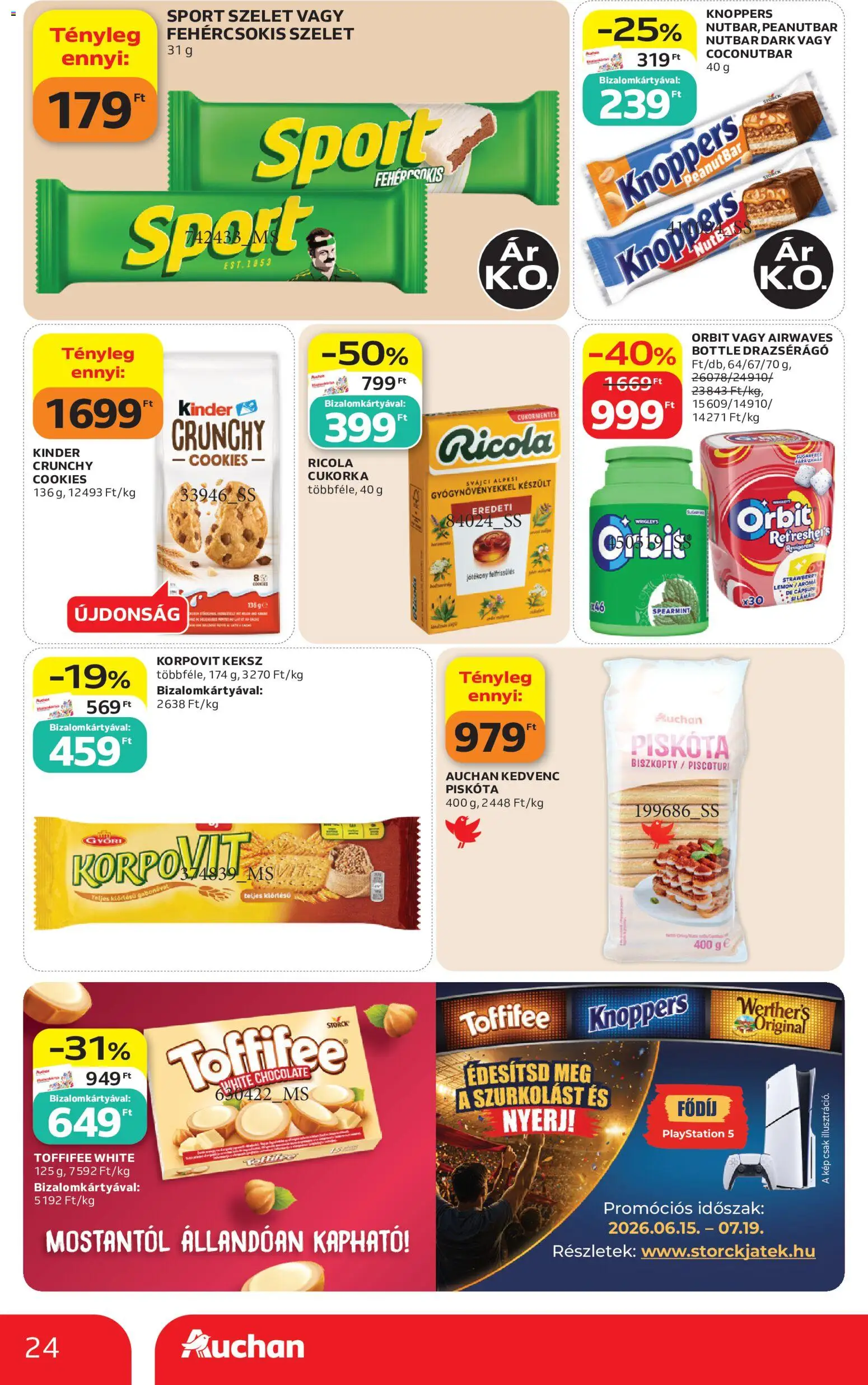 Auchan akciós ujság - amely érvényes a következő dátumtól: 2026.07.16. | Oldal: 24 | Termékek: Orbit, Knoppers, PlayStation, Keksz