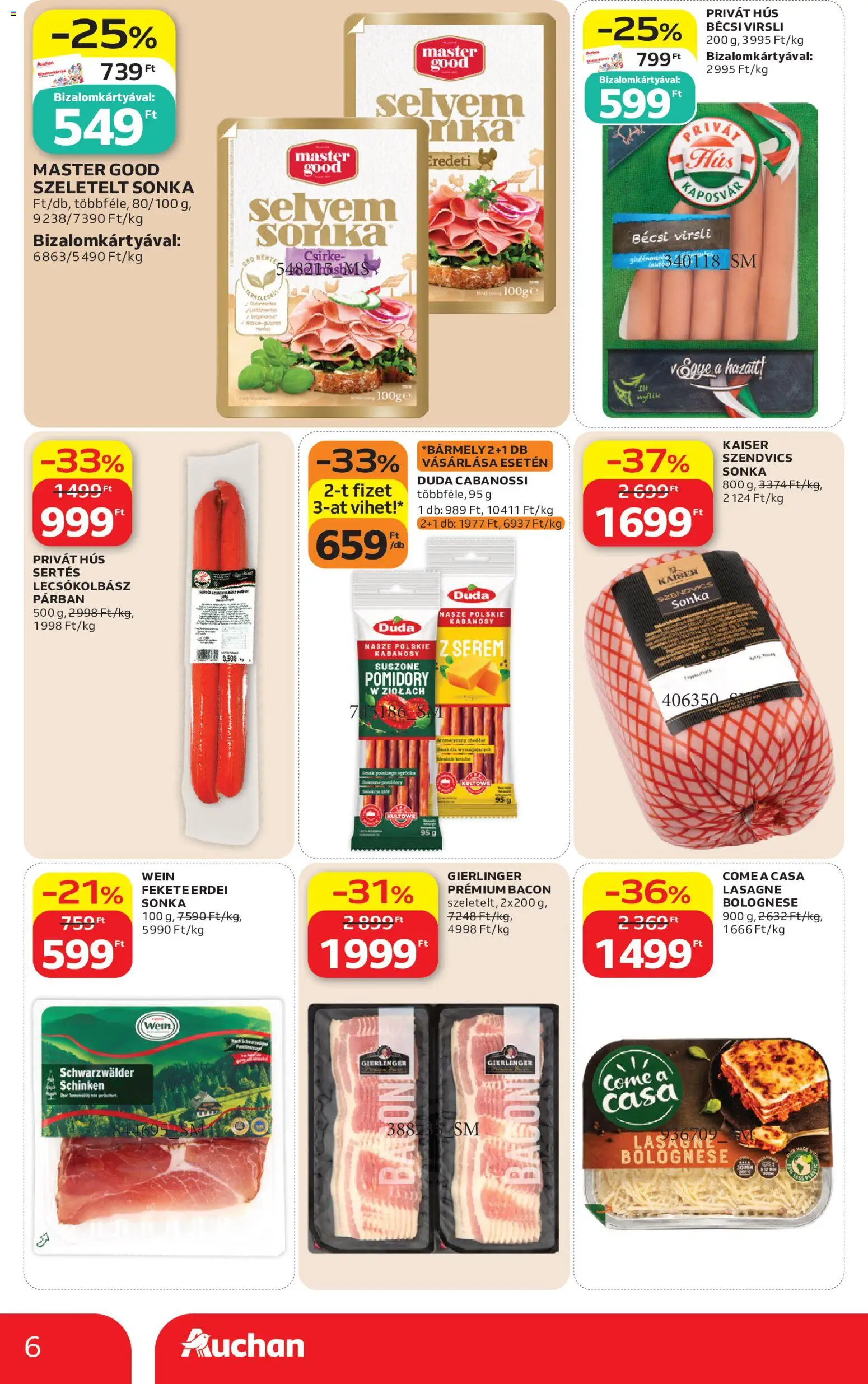 Auchan akciós ujság - amely érvényes a következő dátumtól: 2026.07.02. | Oldal: 6 | Termékek: Virsli, Szendvics, Bacon, Lasagne