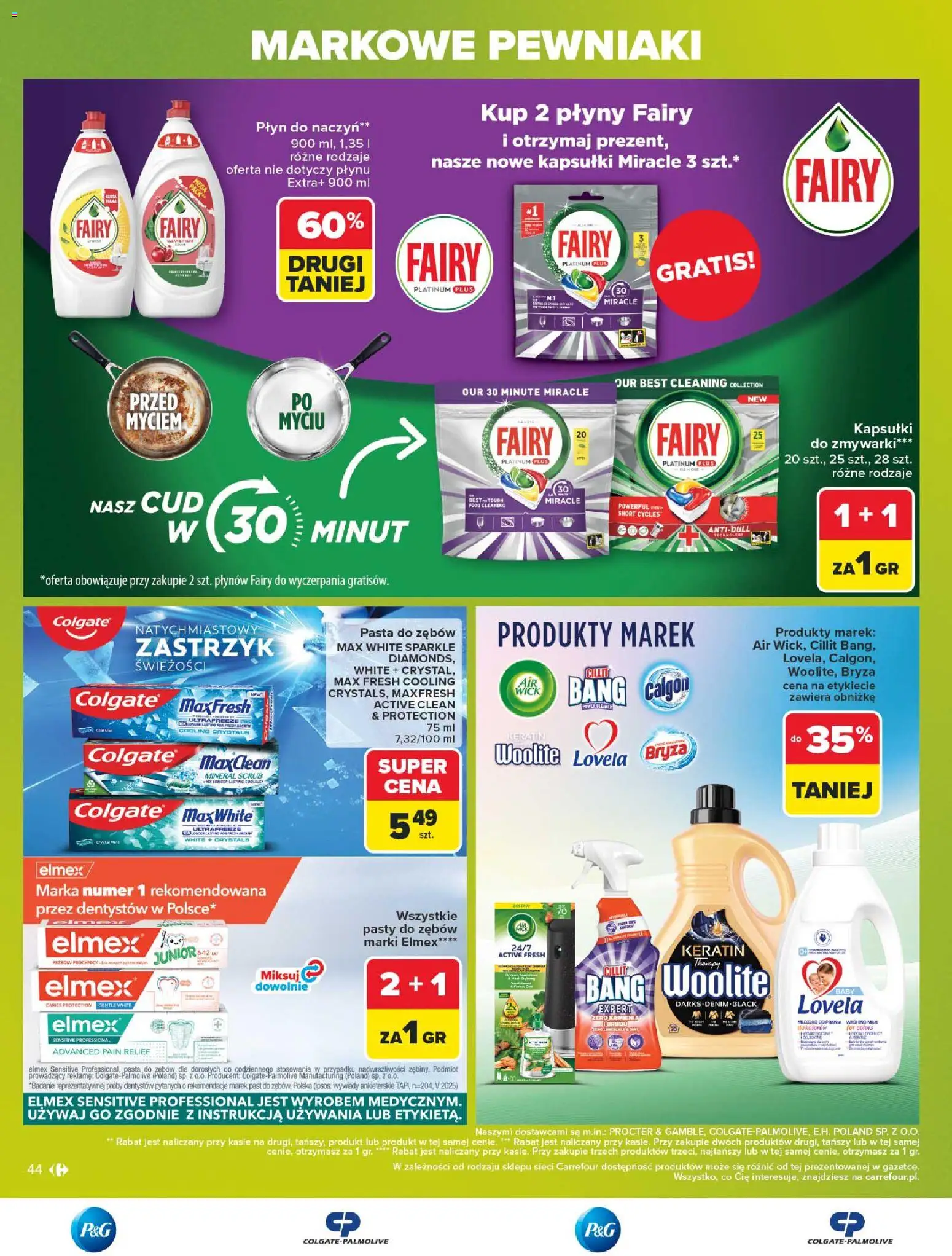 Carrefour gazetka - Markowe pewniaki od 20.07.2026 | Strona: 44 | Produkty: Calgon, Fairy platinum, Pasta do zębów, Lovela