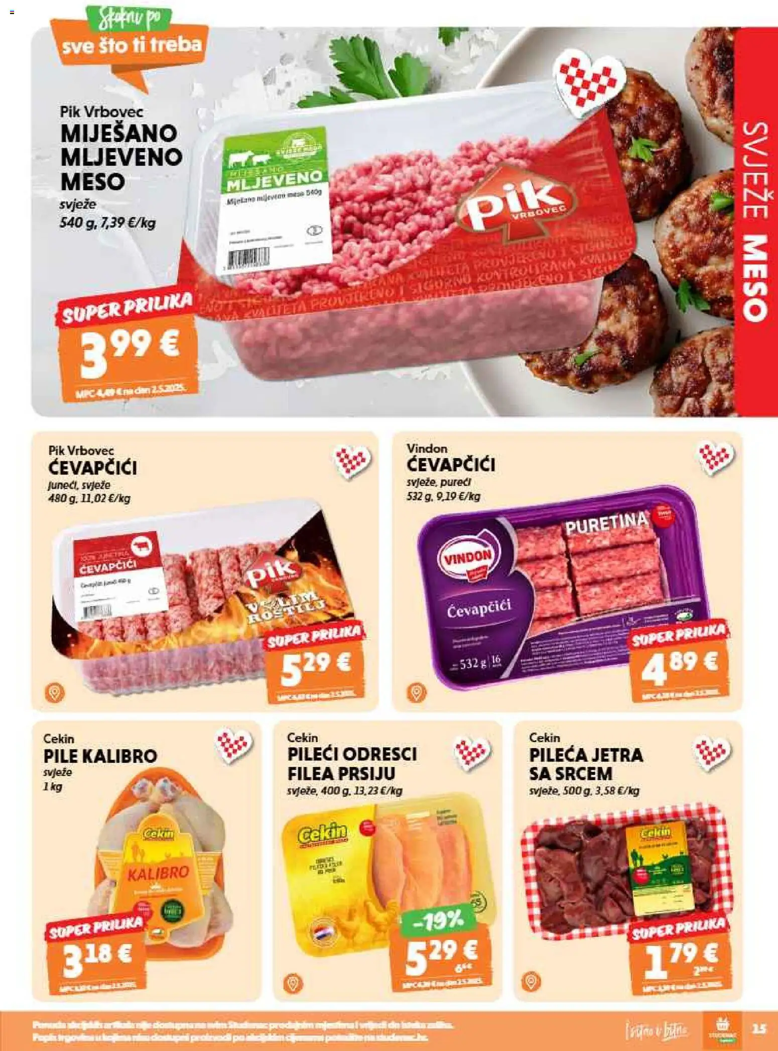 Studenac katalog | vrijedi od 09.09.2026 | Stranica: 15 | Proizvodi: Pileća jetra, Meso, Svježe meso, Ćevapčići