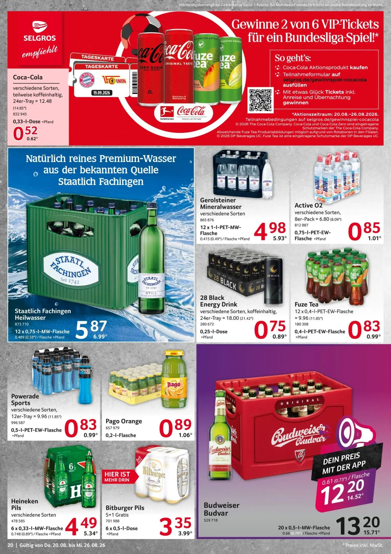 Selgros Prospekt – gültig ab 20.08.2026 | Seite: 20 | Produkte: Fuze tea, Pils, Mineralwasser, Heineken